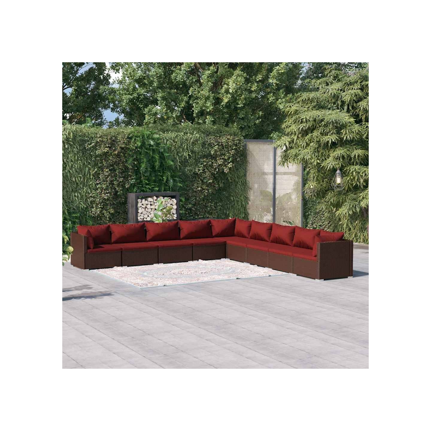 Salon de jardin 9 pcs avec coussins résine tressée marron