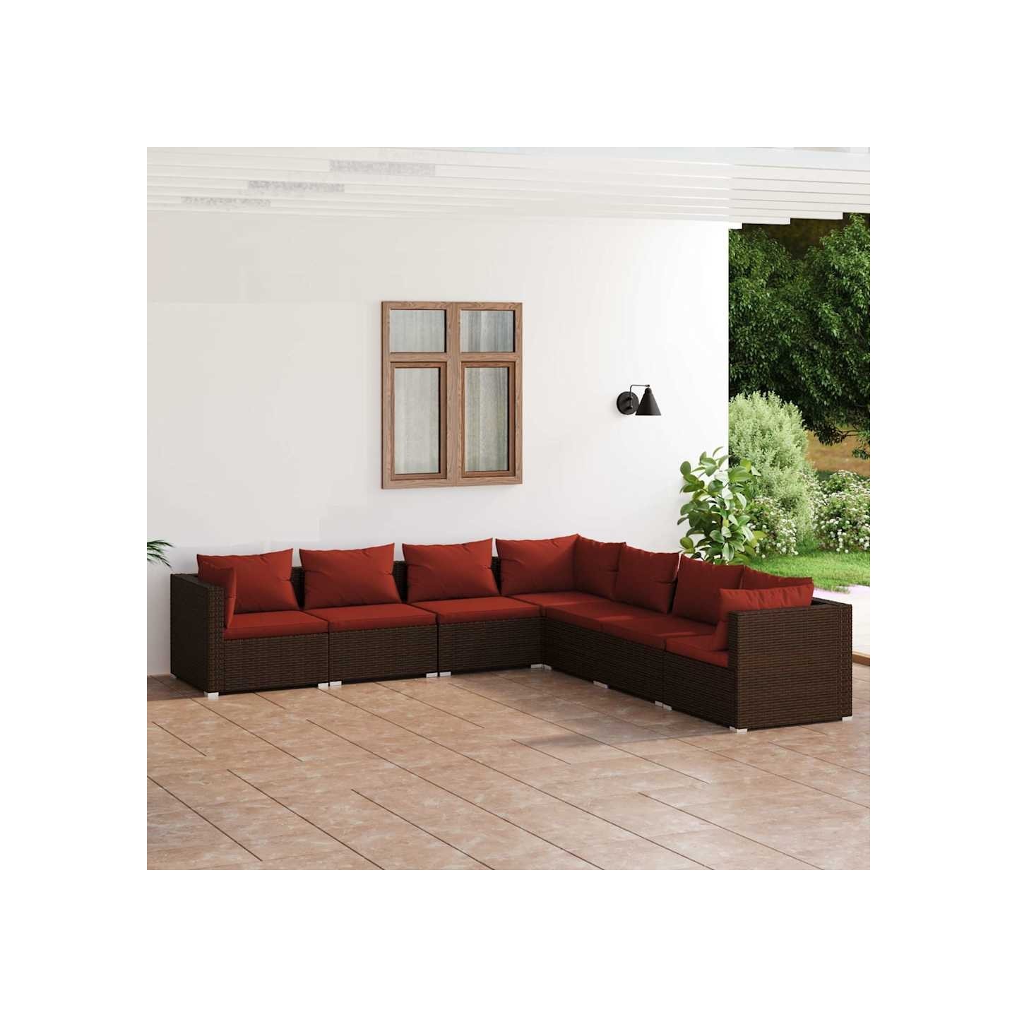 Salon de jardin 7 pcs avec coussins Résine tressée Marron