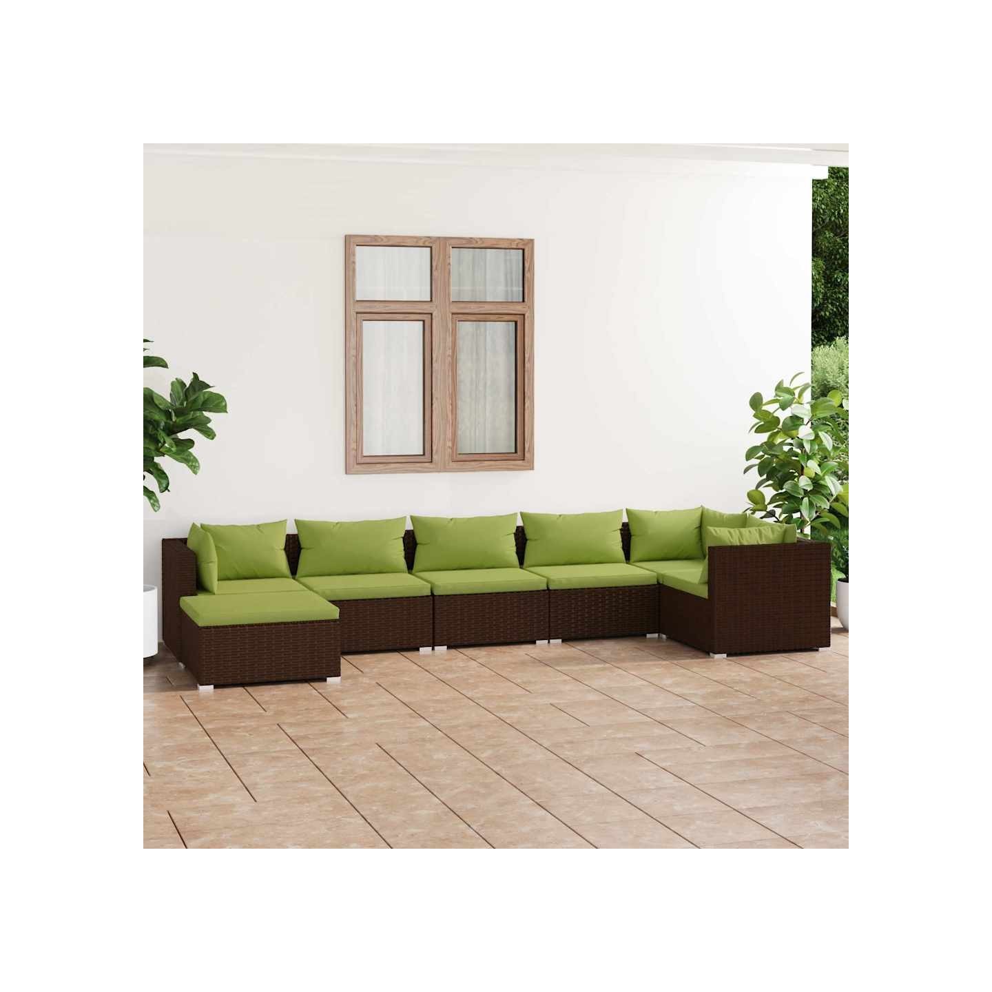 Salon de jardin 7 pcs avec coussins Résine tressée Marron