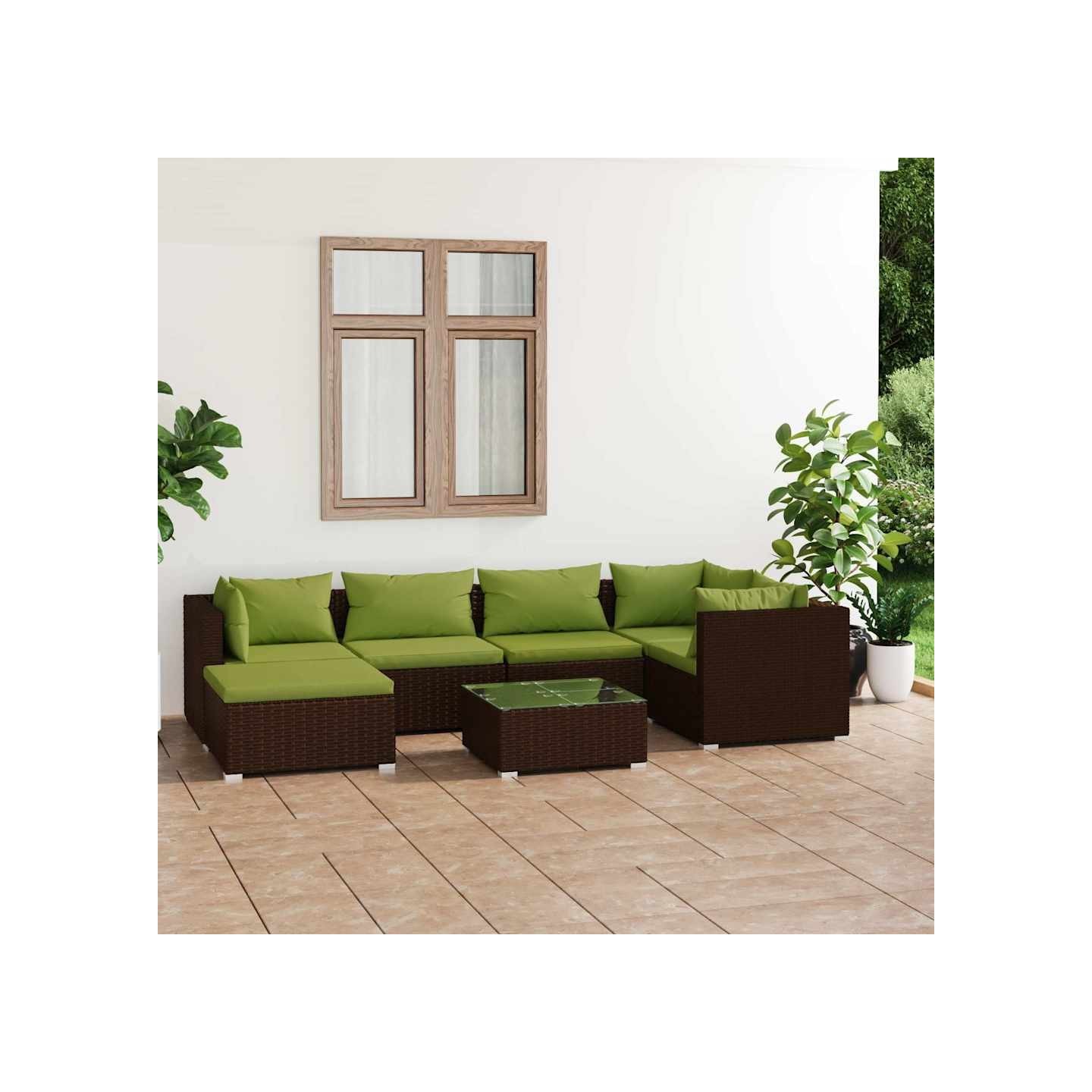Salon de jardin 7 pcs avec coussins Résine tressée Marron