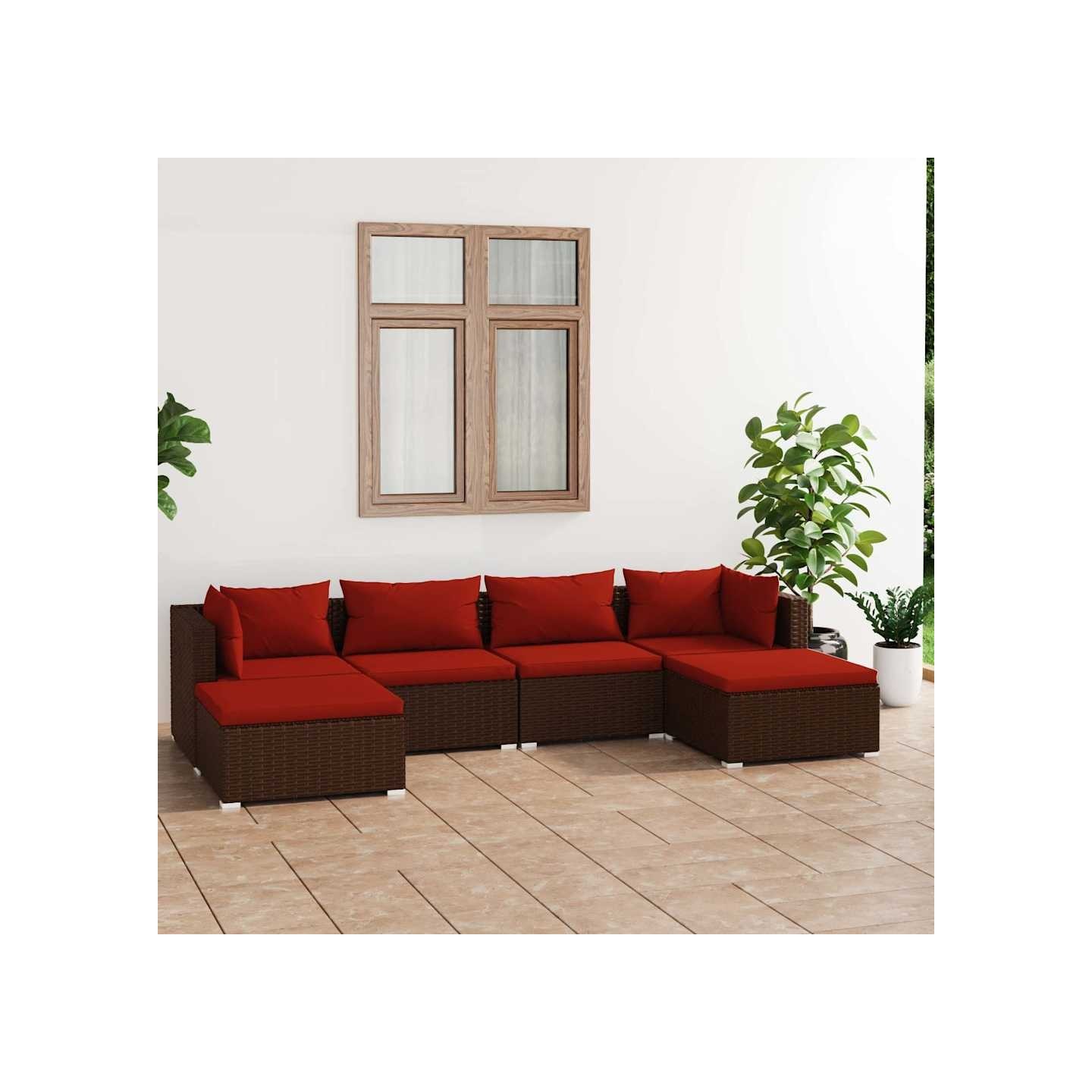 Salon de jardin 6 pcs avec coussins Résine tressée Marron