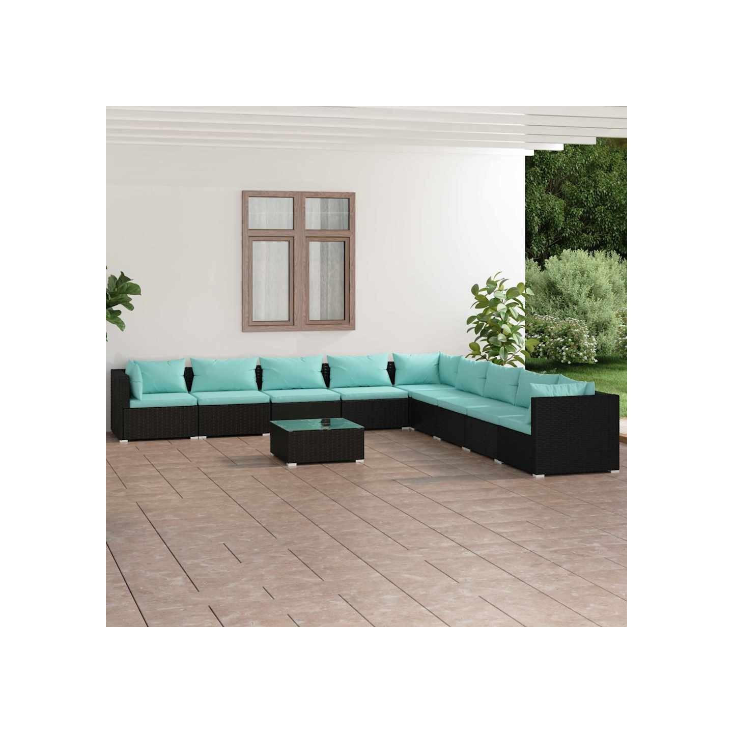 Salon de jardin 10 pcs avec coussins Résine tressée Noir