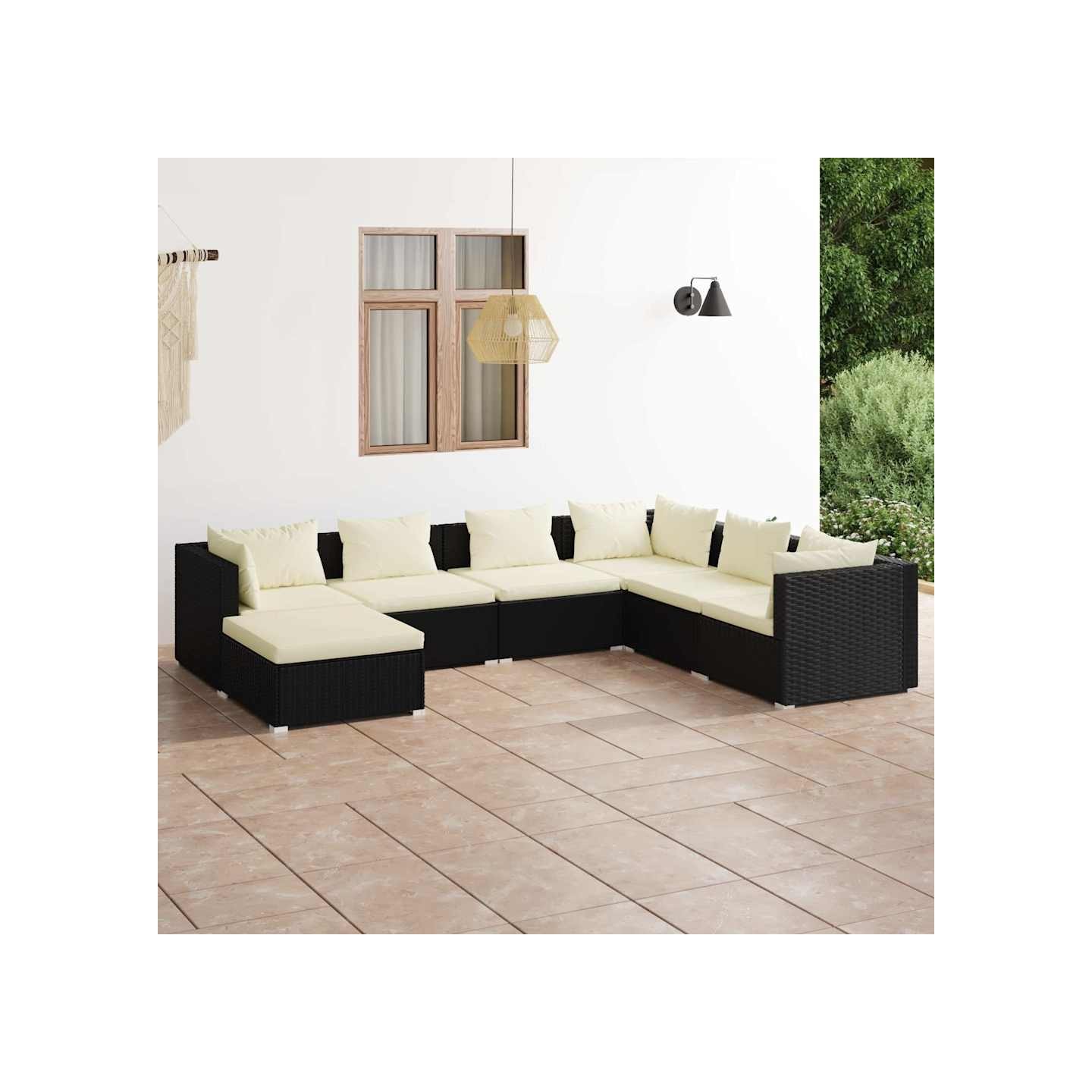 Salon de jardin 7 pcs avec coussins Résine tressée Noir