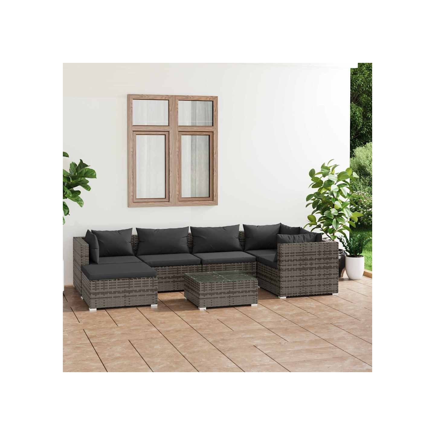 Salon de jardin 7 pcs avec coussins Résine tressée Gris