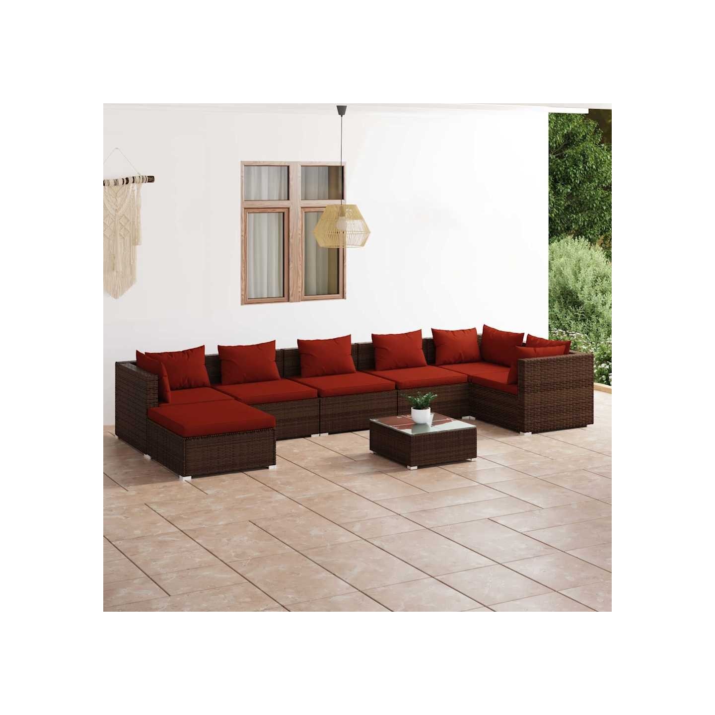Salon de jardin 8 pcs avec coussins résine tressée marron