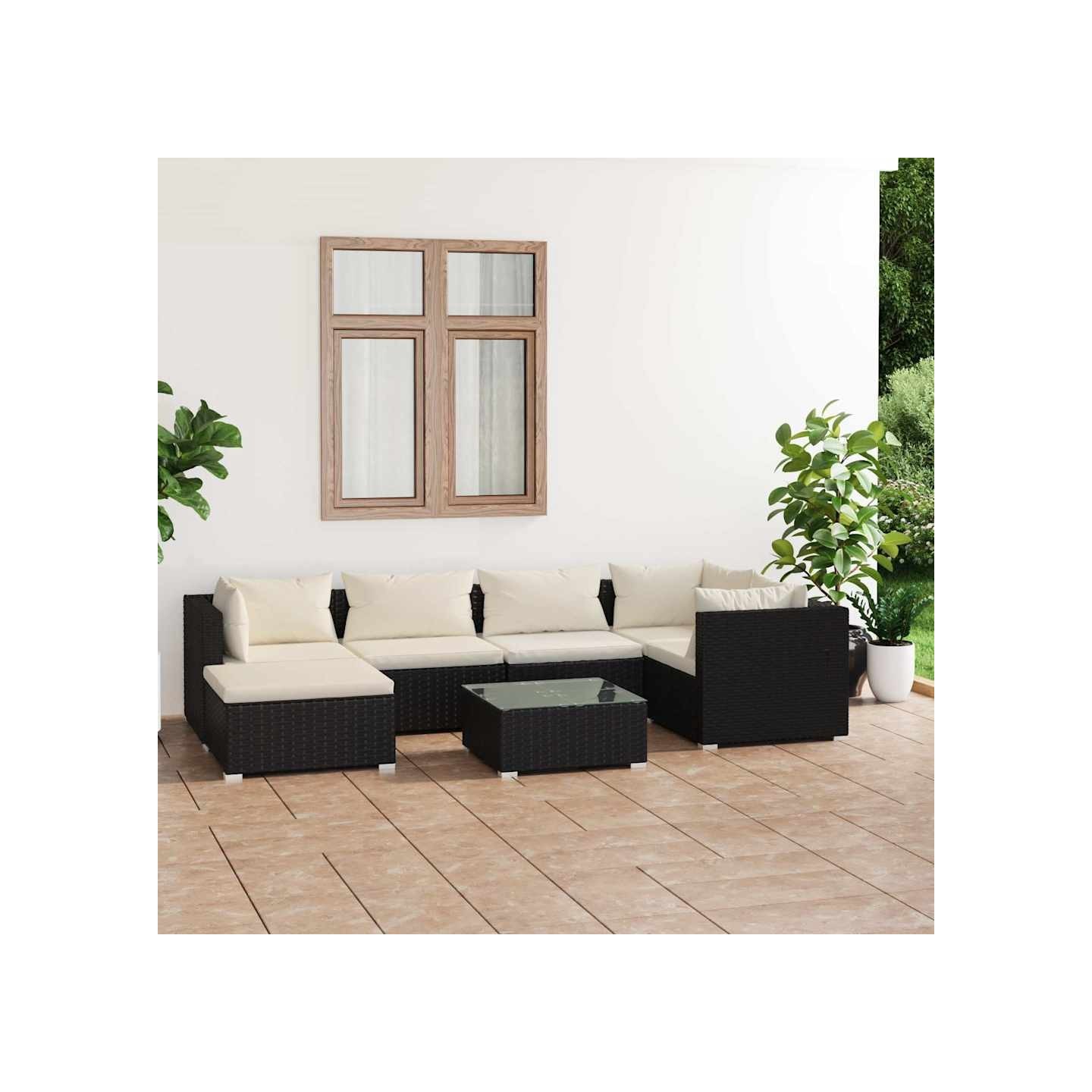 Salon de jardin 7 pcs avec coussins Résine tressée Noir