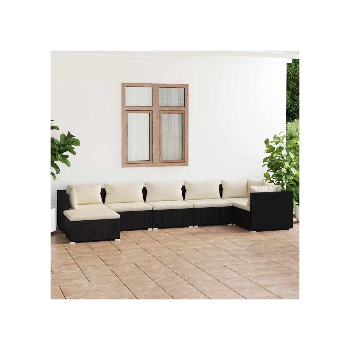 Salon de jardin 7 pcs avec coussins Résine tressée Noir