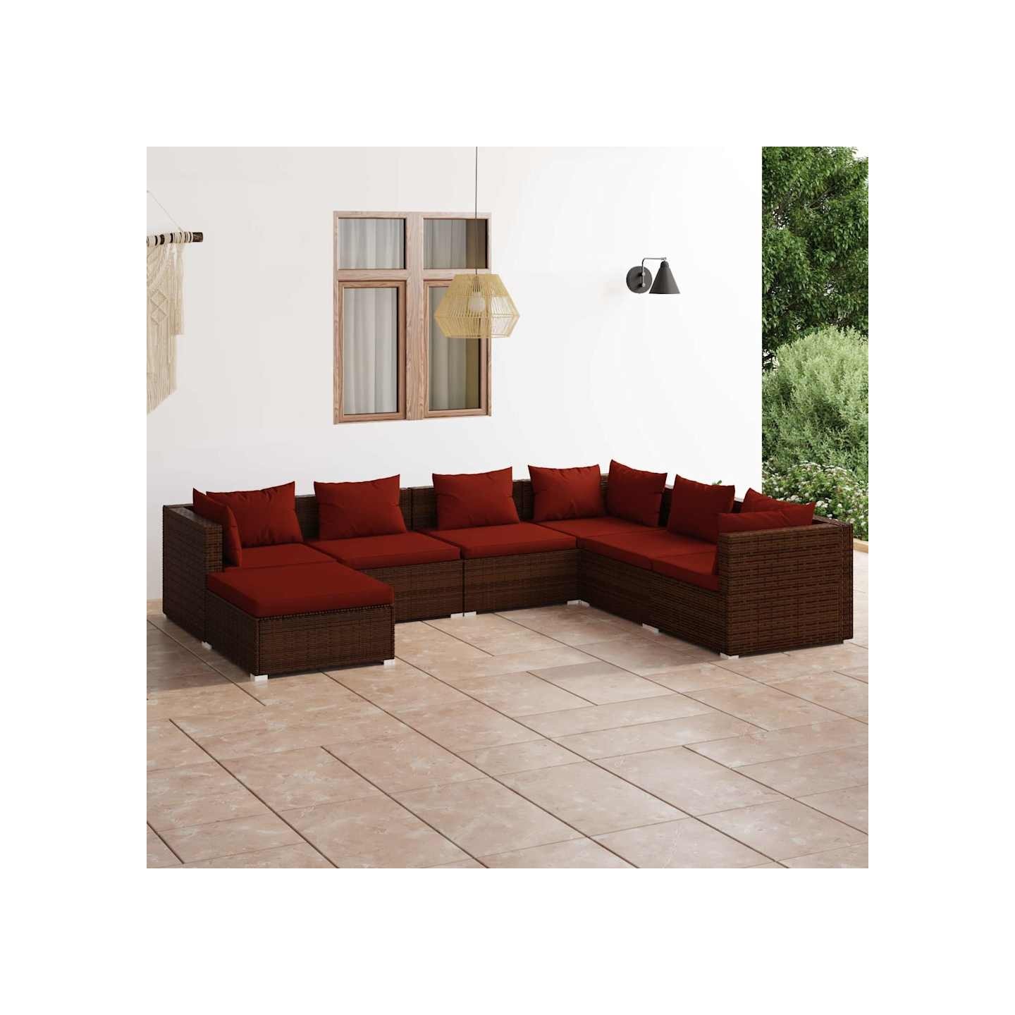 Salon de jardin 7 pcs avec coussins Résine tressée Marron