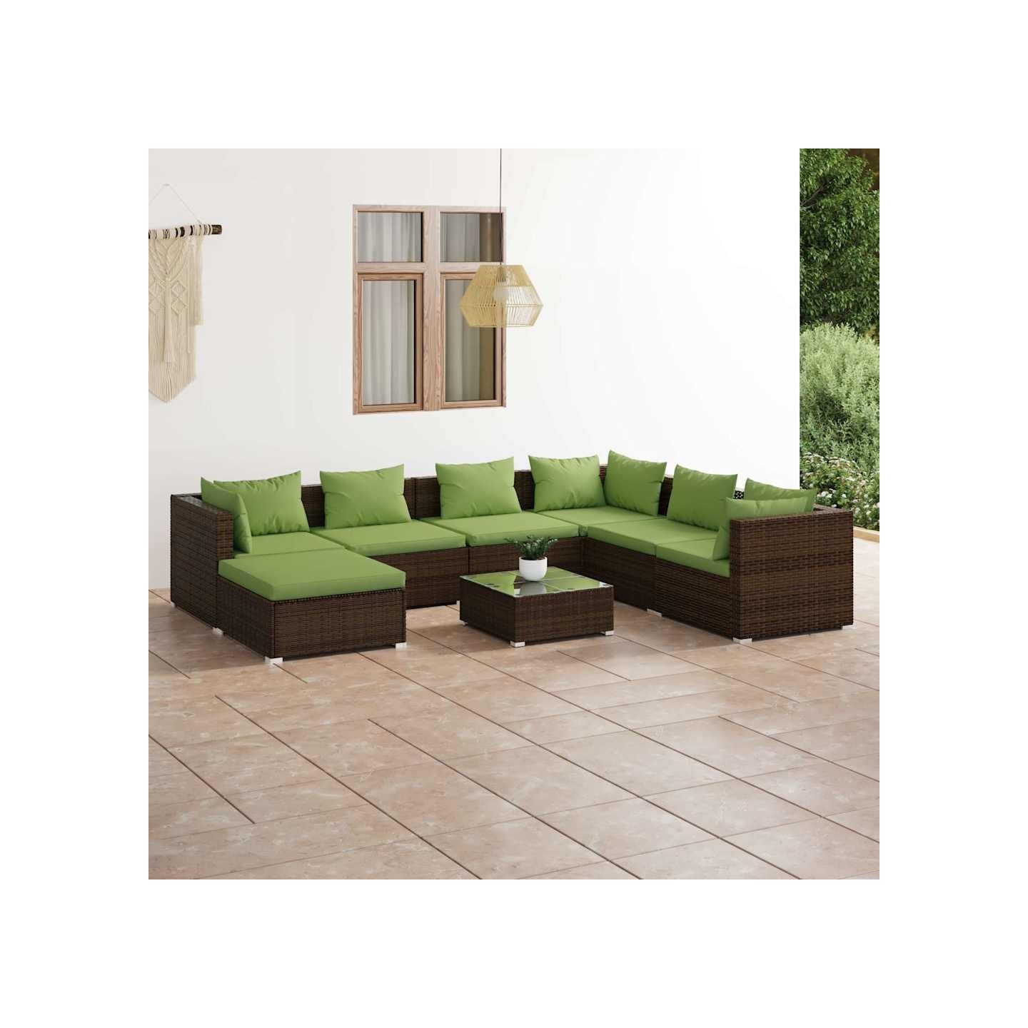 Salon de jardin 8 pcs avec coussins résine tressée marron