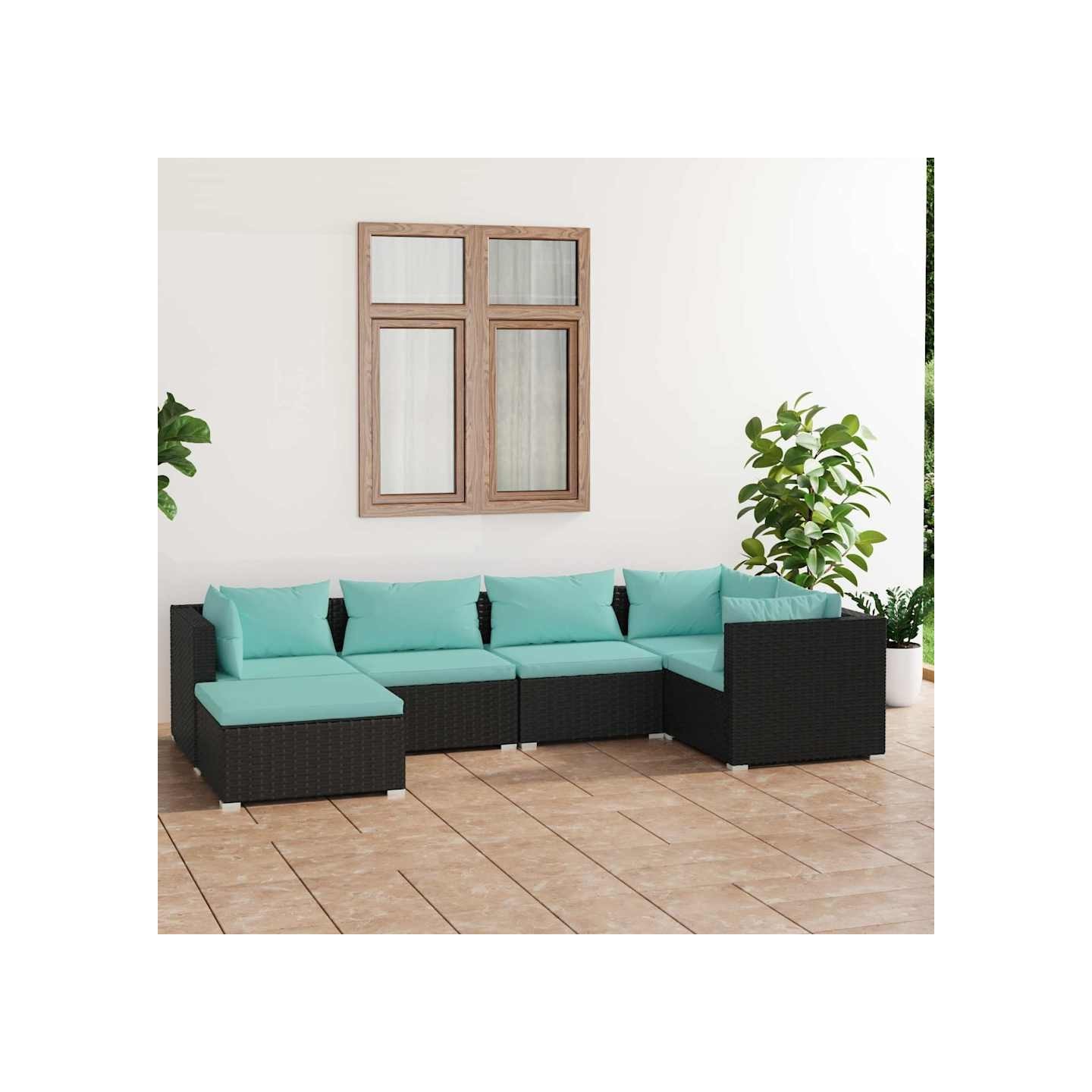 Salon de jardin 6 pcs avec coussins Résine tressée Noir