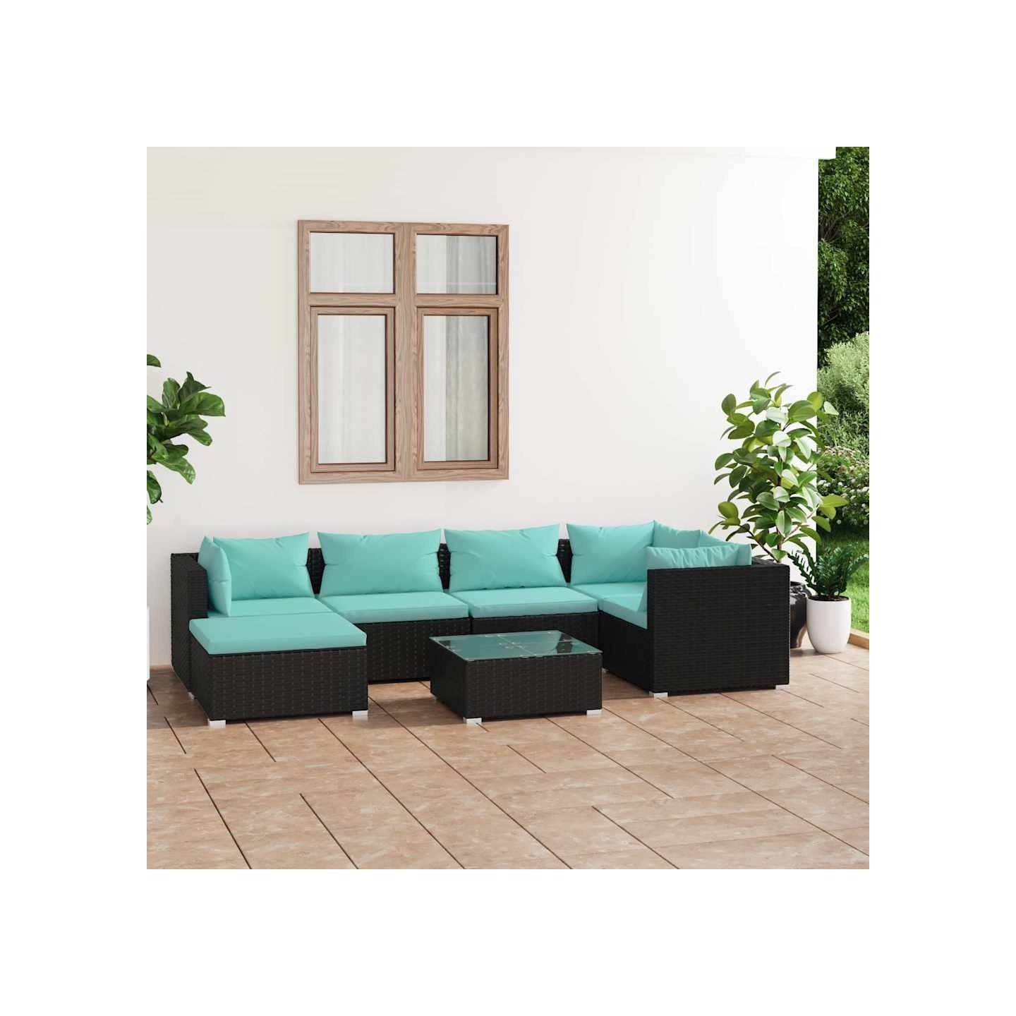 Salon de jardin 7 pcs avec coussins Résine tressée Noir