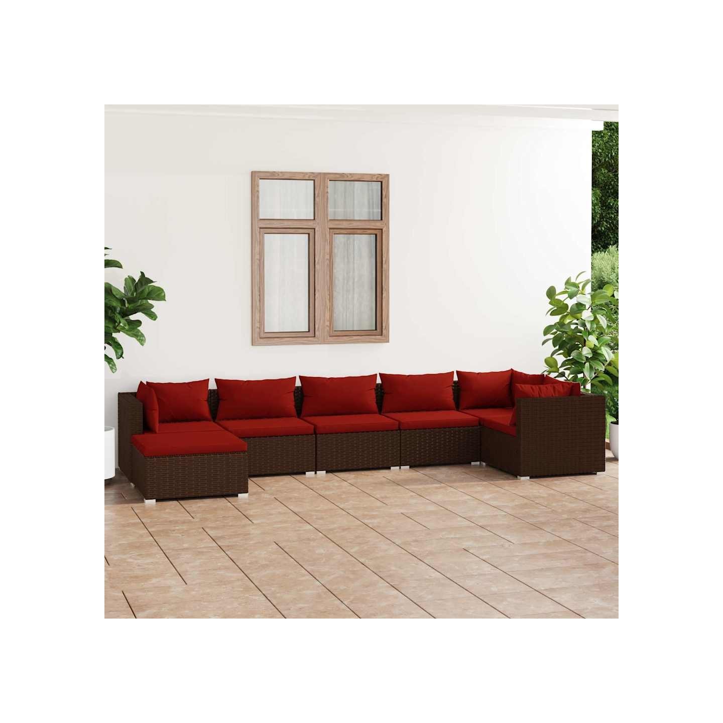 Salon de jardin 7 pcs avec coussins Résine tressée Marron