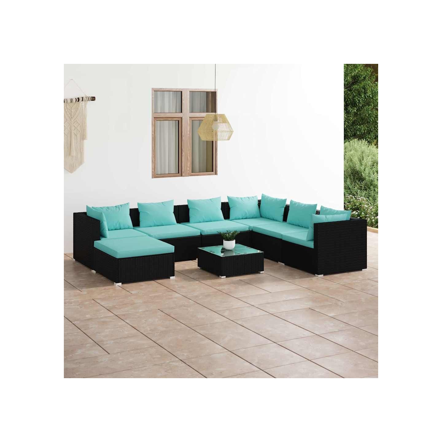 Salon de jardin 8 pcs avec coussins Résine tressée Noir