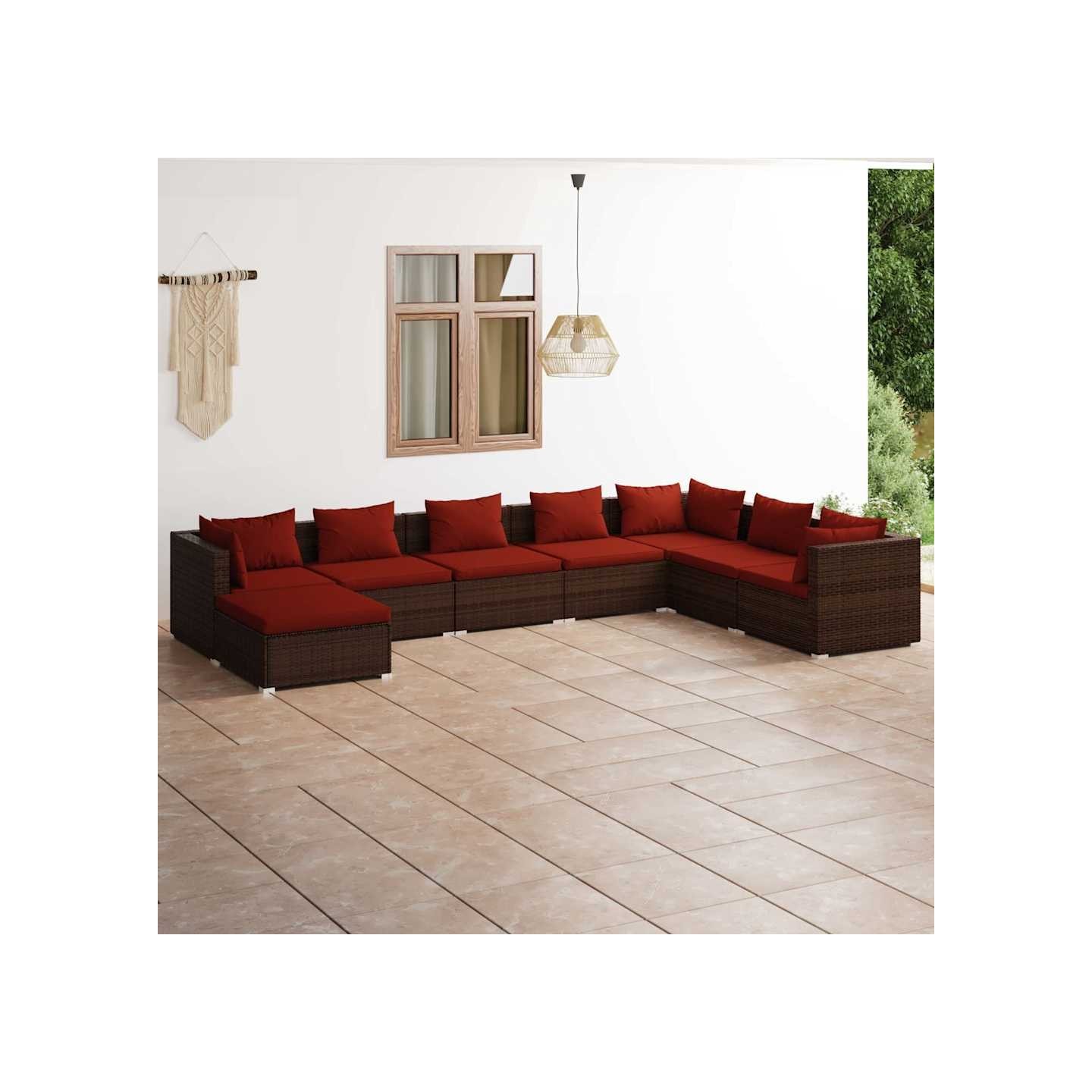 Salon de jardin 8 pcs avec coussins résine tressée marron