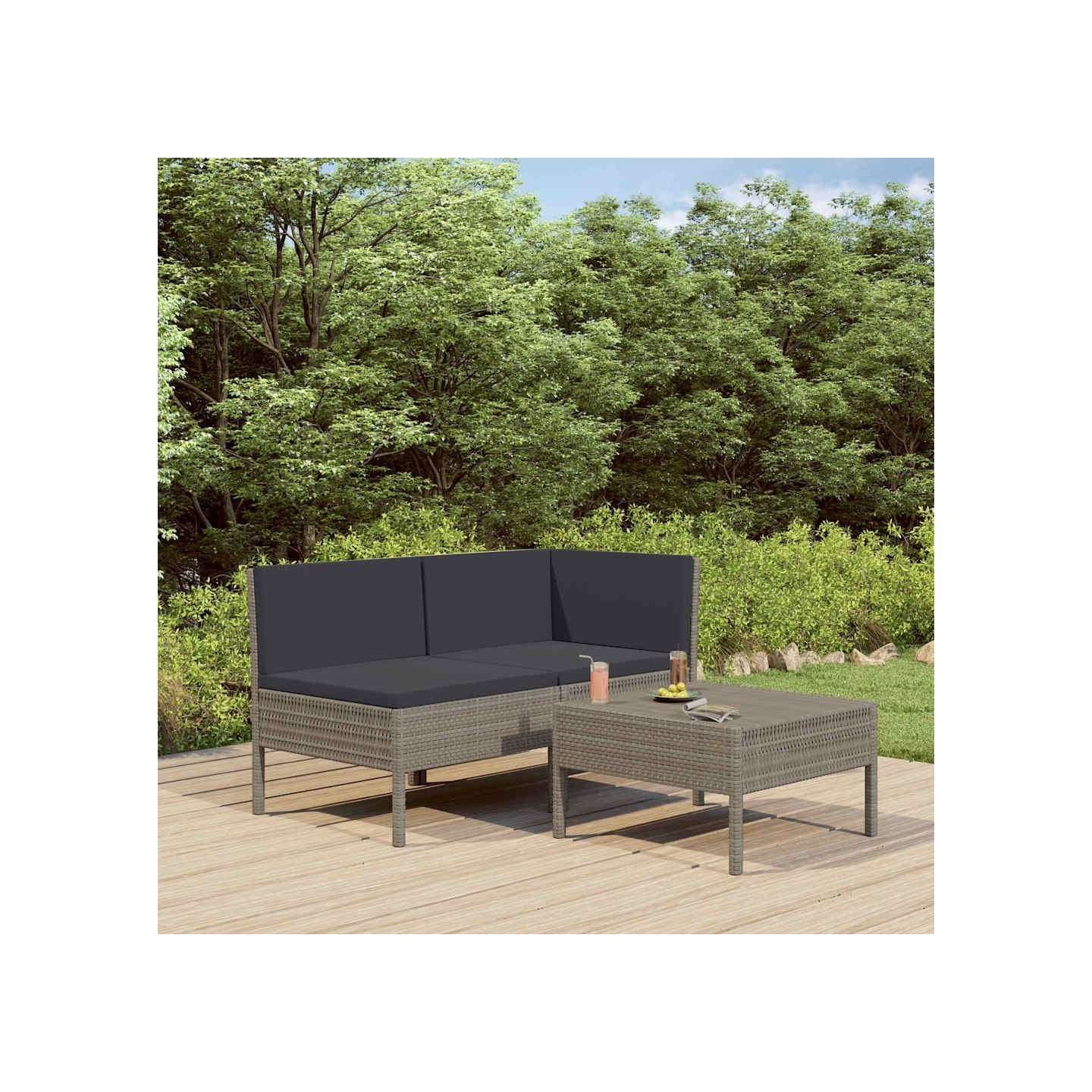 Salon de jardin 3 pcs avec coussins Résine tressée Gris