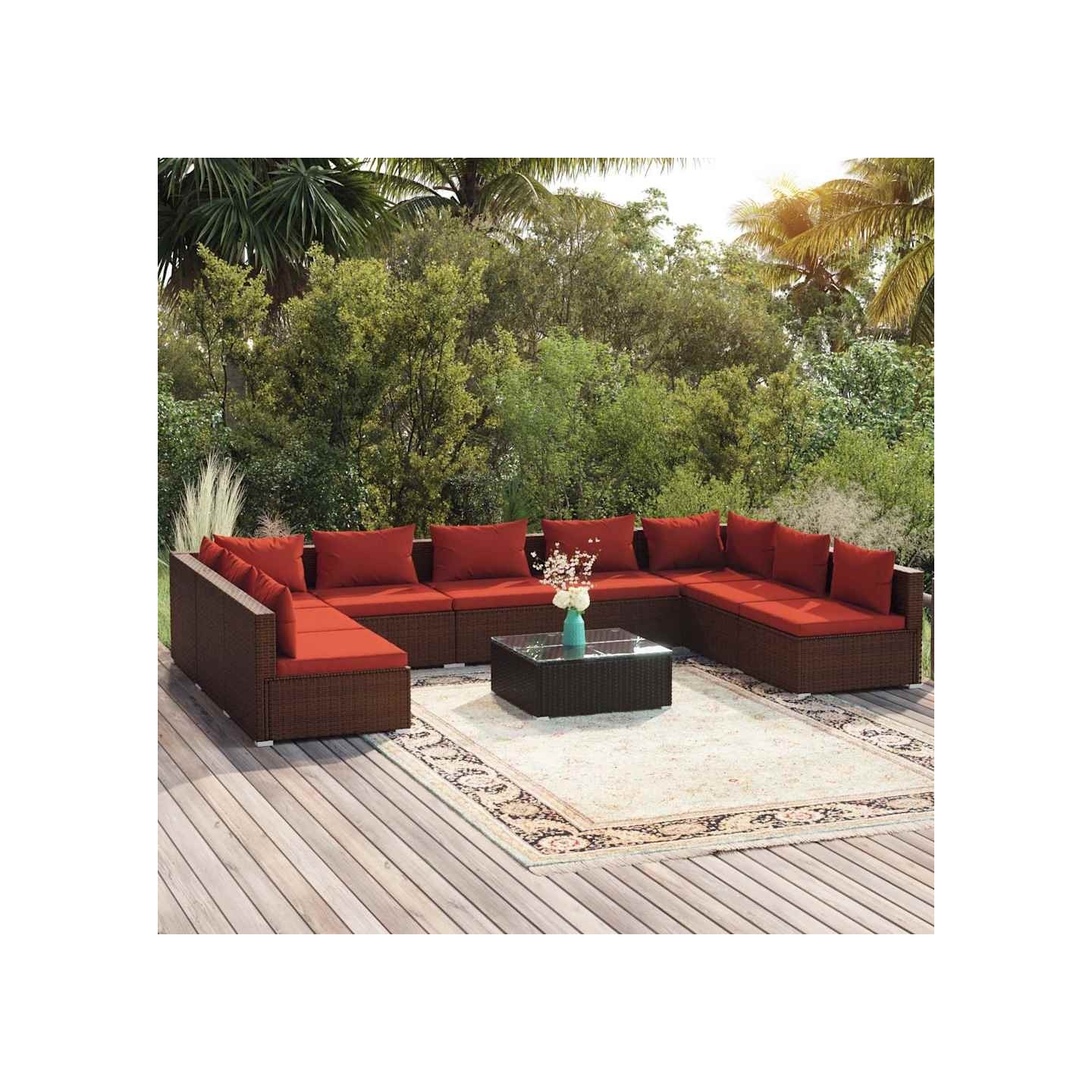 Salon de jardin 10 pcs avec coussins Résine tressée Marron