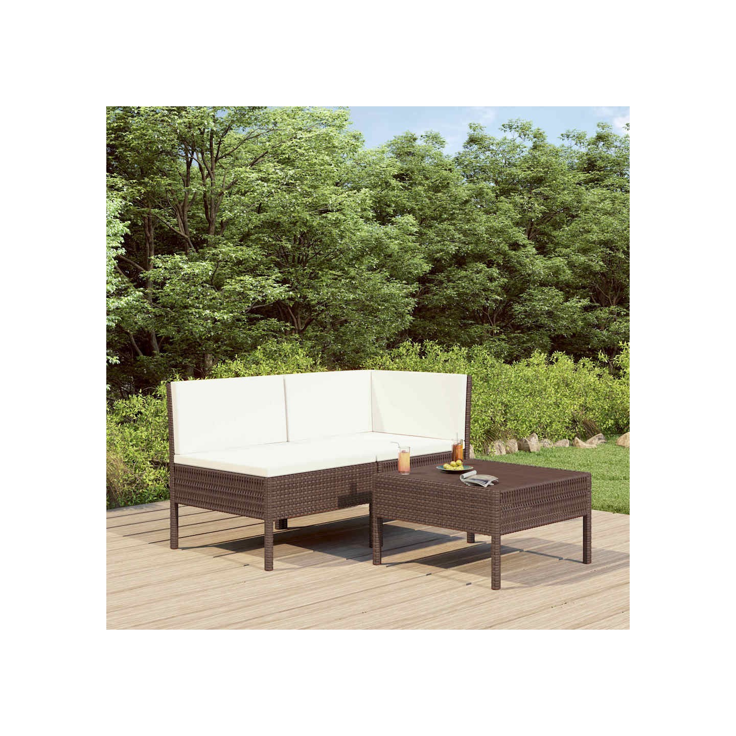 Salon de jardin 3 pcs avec coussins Résine tressée Marron