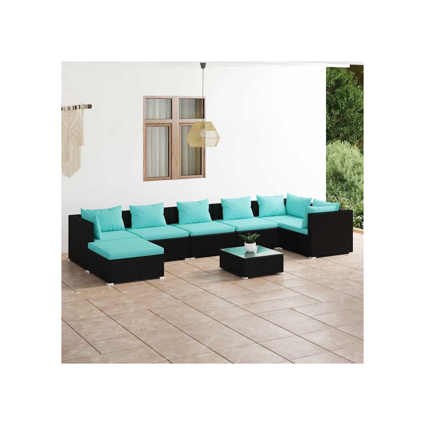 Salon de jardin 8 pcs avec coussins Résine tressée Noir