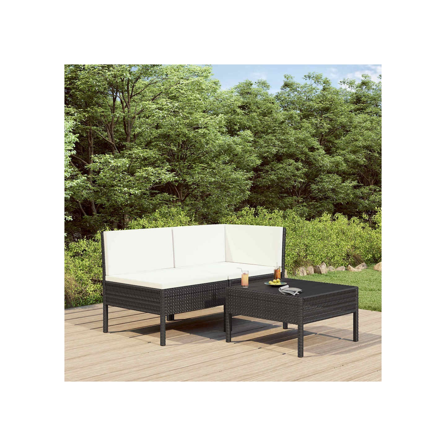 Salon de jardin 3 pcs avec coussins Résine tressée Noir
