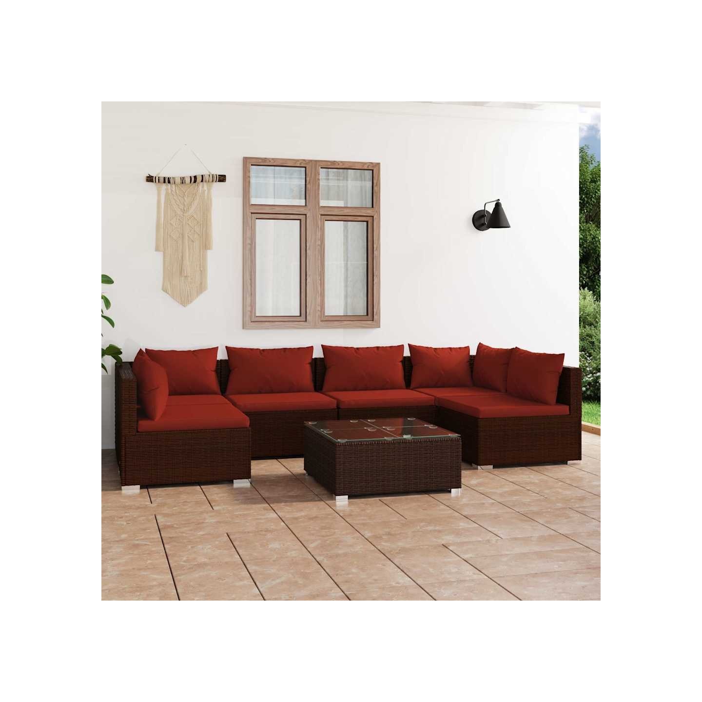 Salon de jardin 7 pcs avec coussins Résine tressée Marron