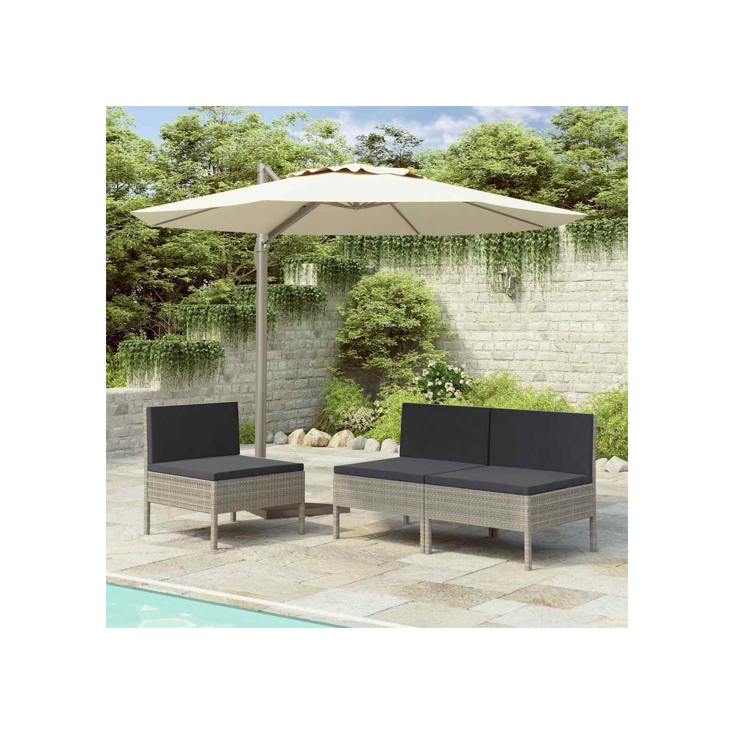 Chaises de jardin lot de 3 avec coussins Résine tressée Gris