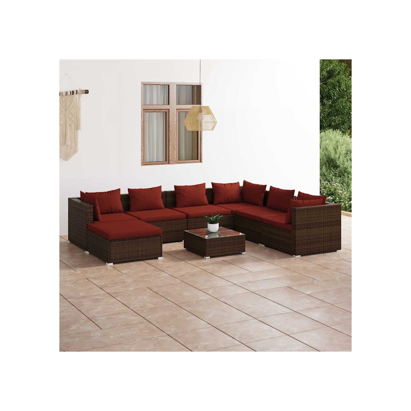 Salon de jardin 8 pcs avec coussins résine tressée marron