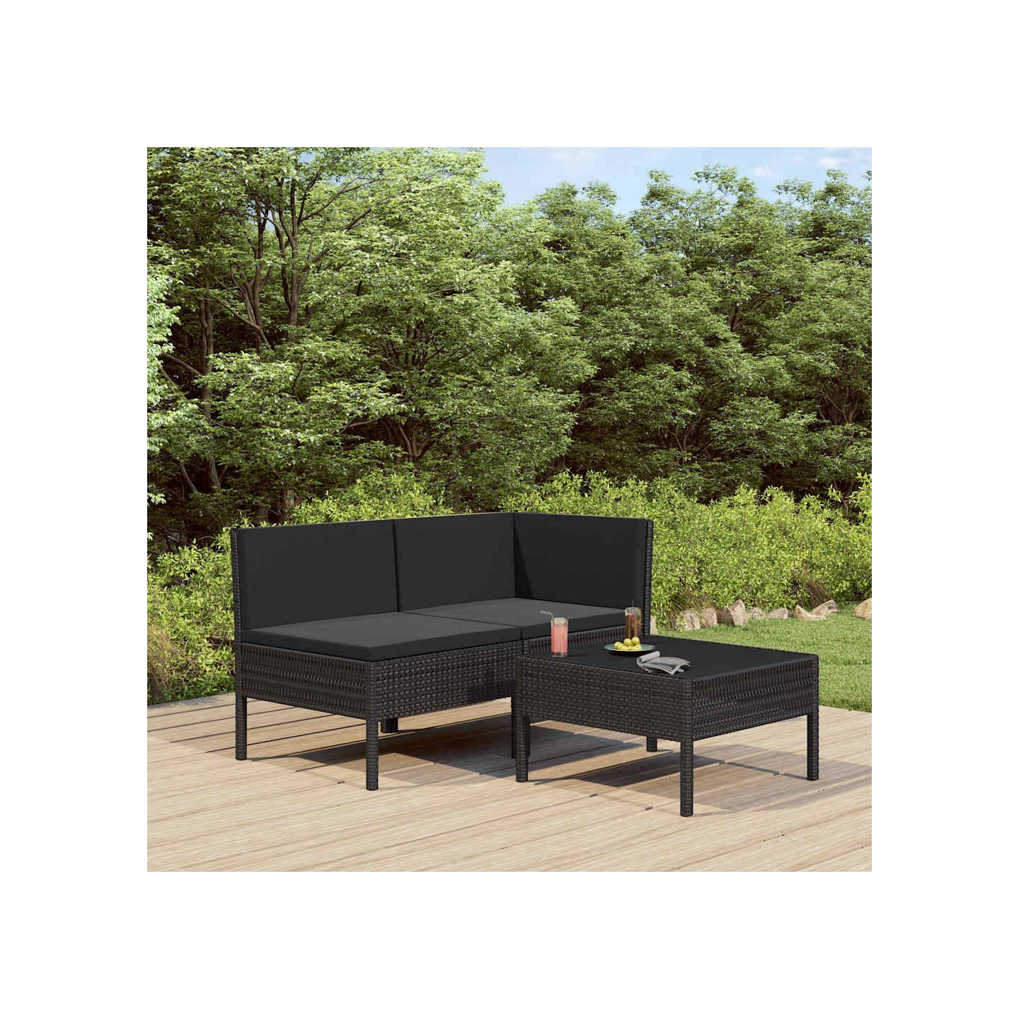 Salon de jardin 3 pcs avec coussins Résine tressée Noir