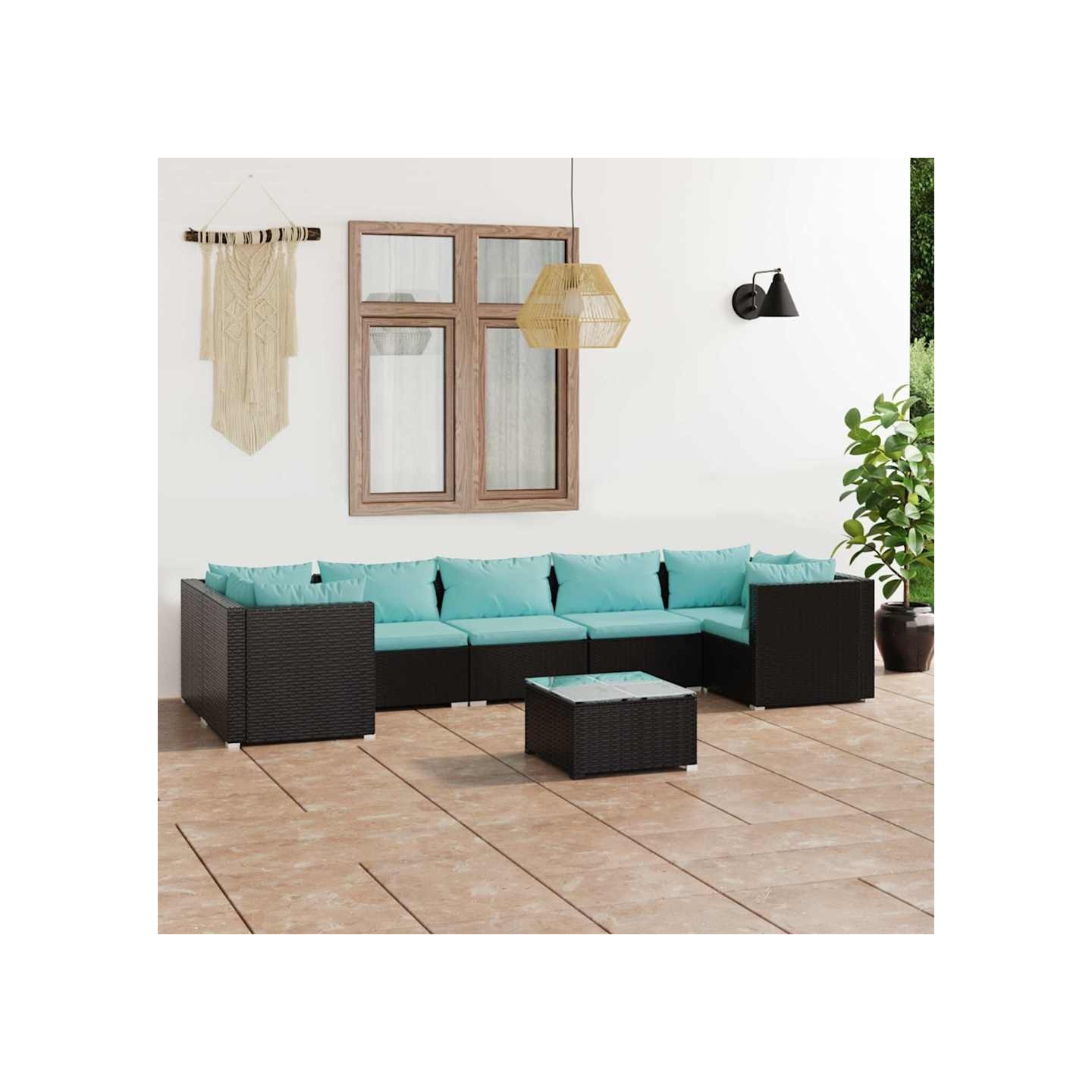 Salon de jardin 8 pcs avec coussins Résine tressée Noir