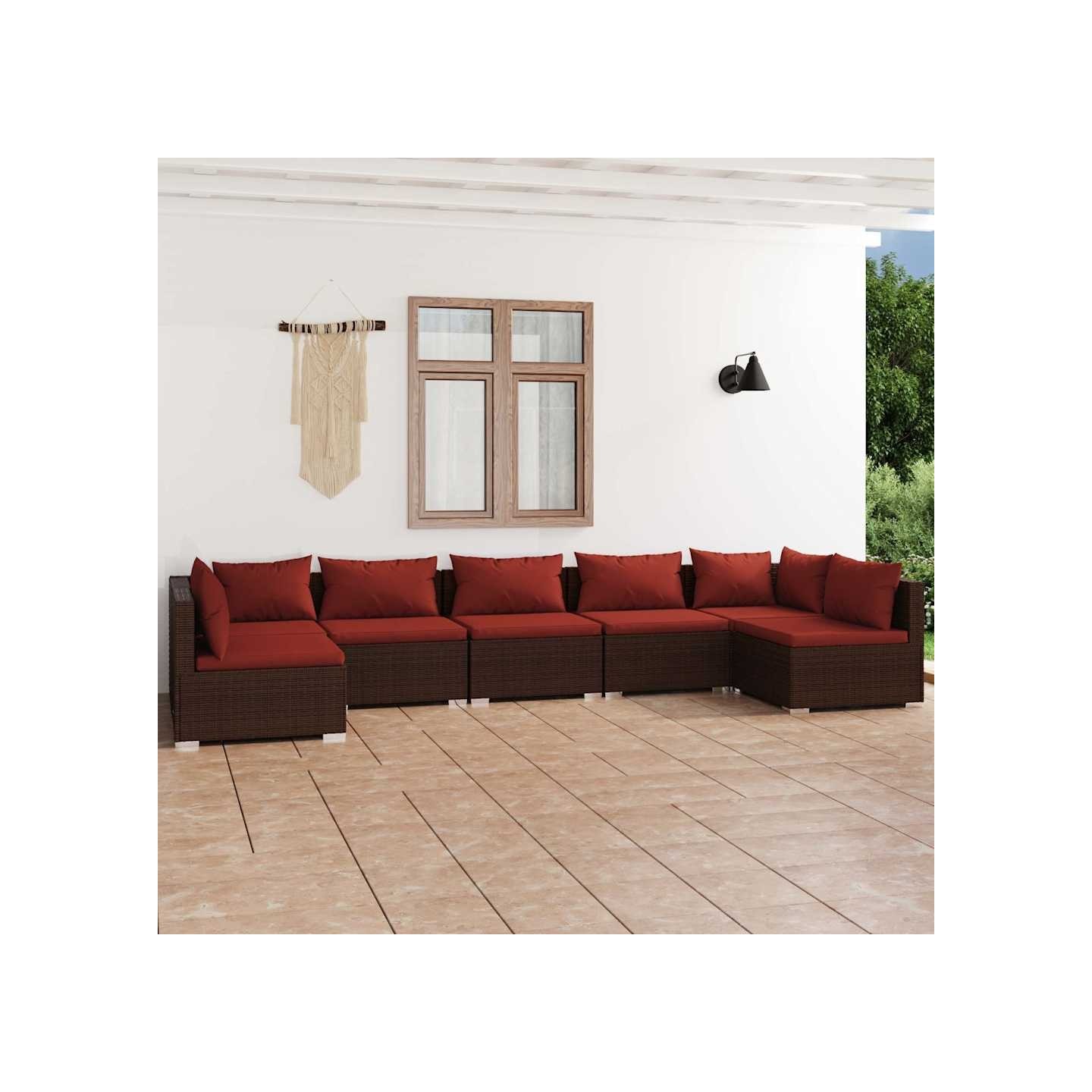 Salon de jardin 7 pcs avec coussins Résine tressée Marron