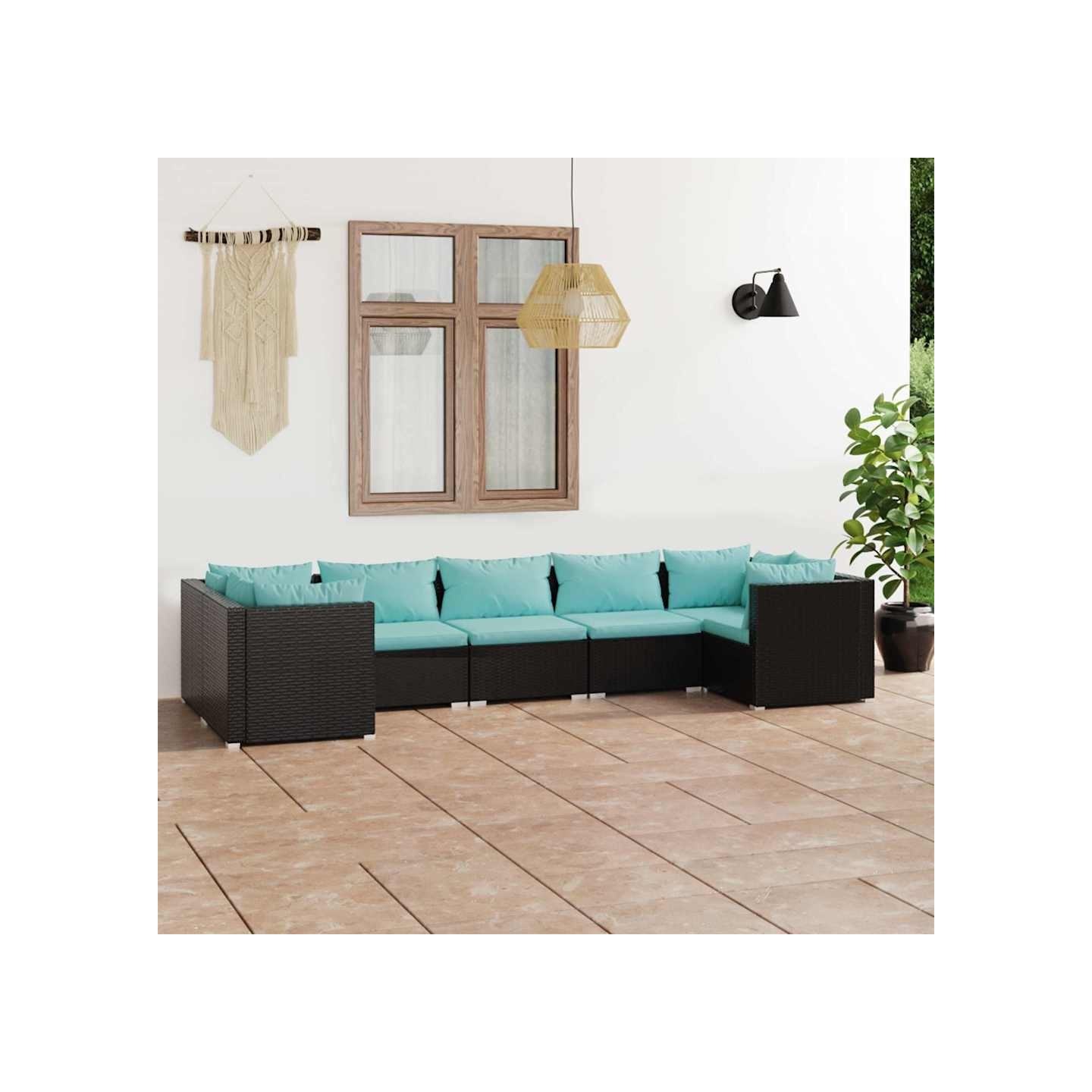 Salon de jardin 7 pcs avec coussins Résine tressée Noir
