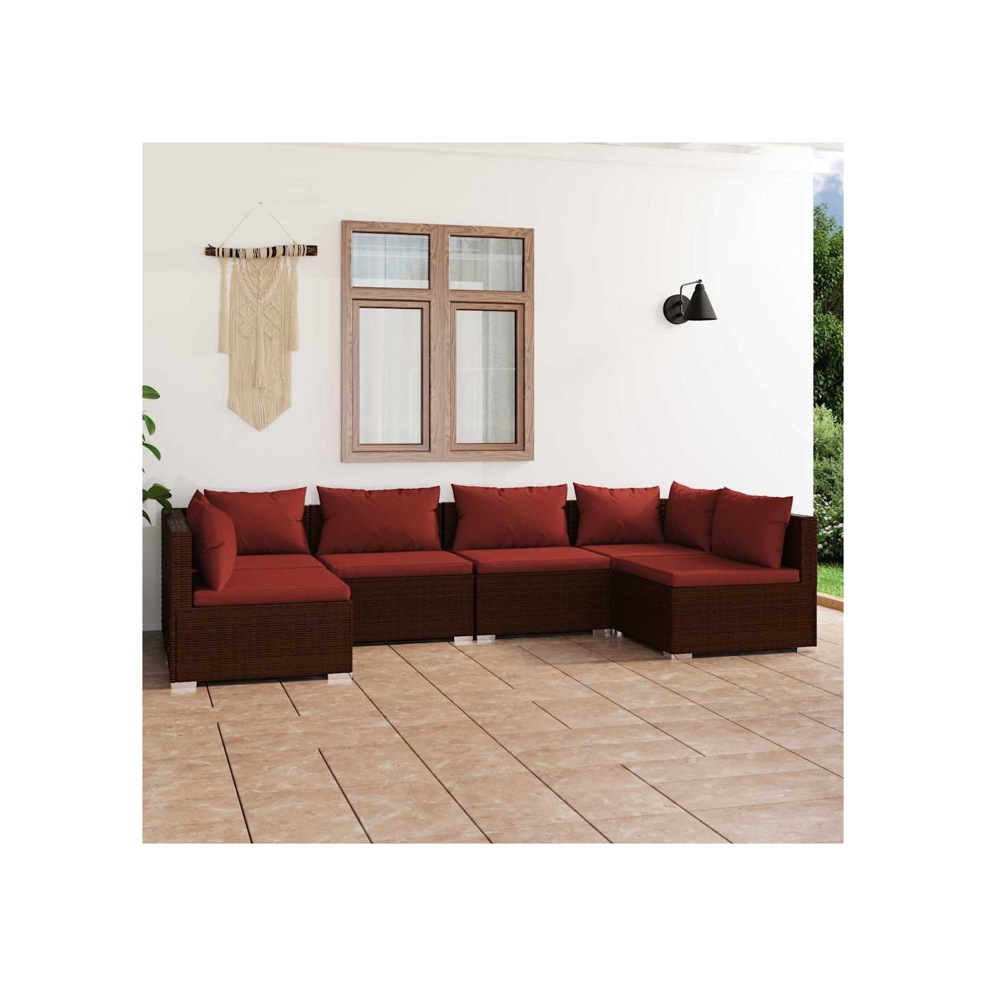 Salon de jardin 6 pcs avec coussins Résine tressée Marron
