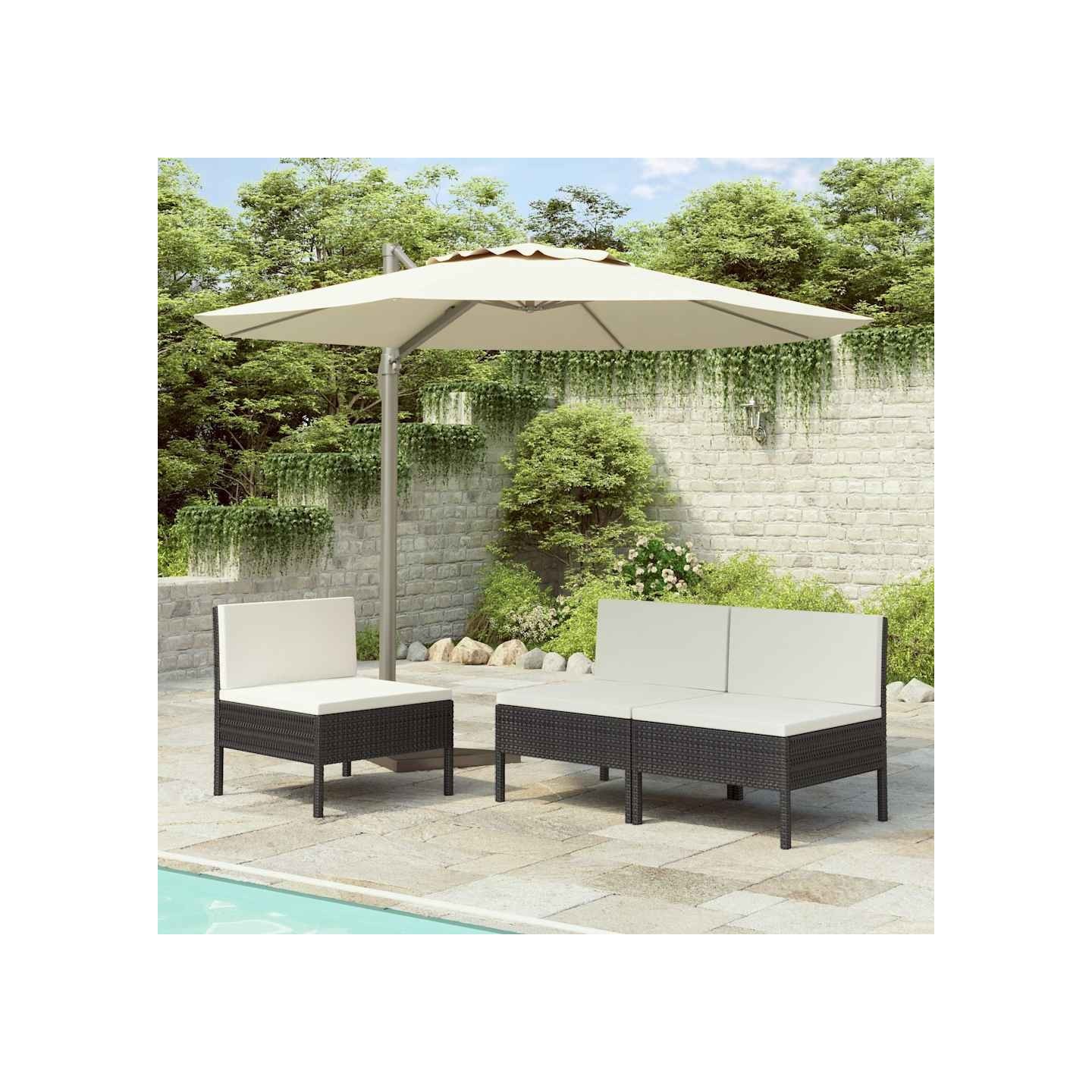 Chaises de jardin lot de 3 avec coussins Résine tressée Noir