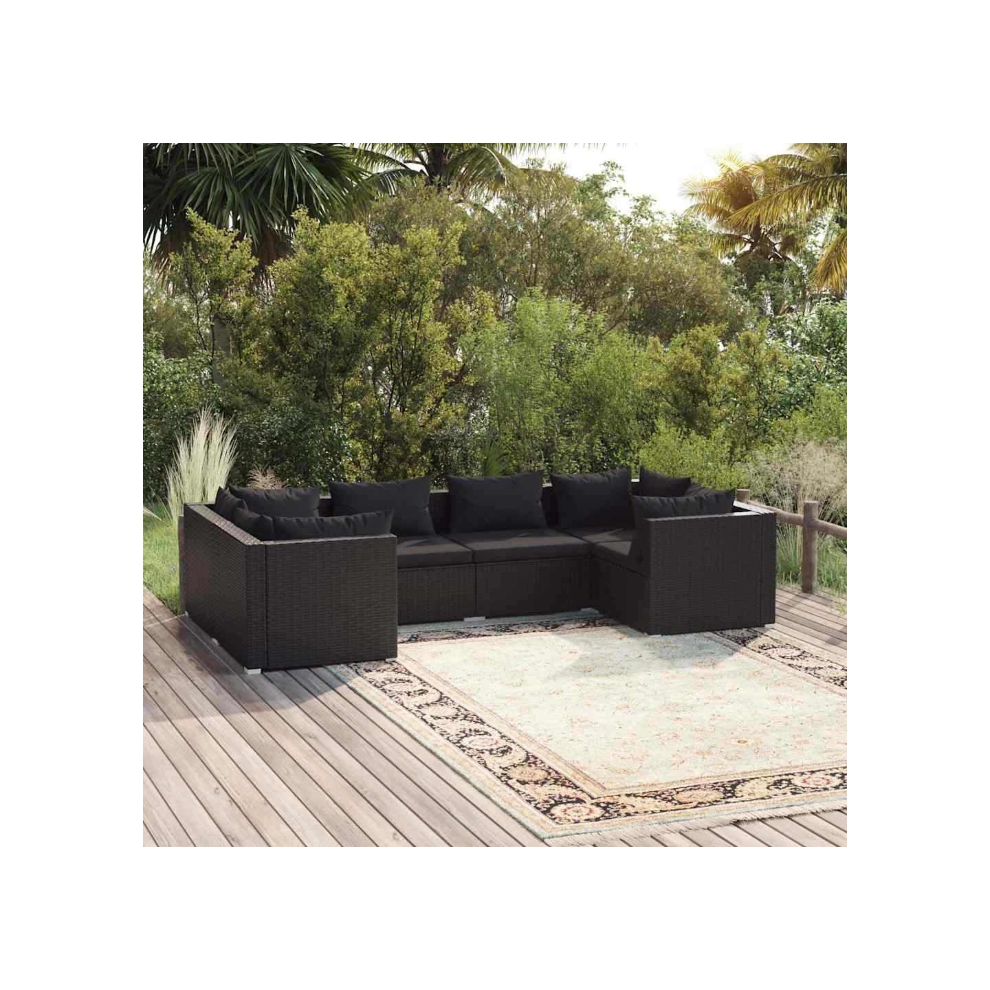 Salon de jardin 6 pcs avec coussins résine tressée noir