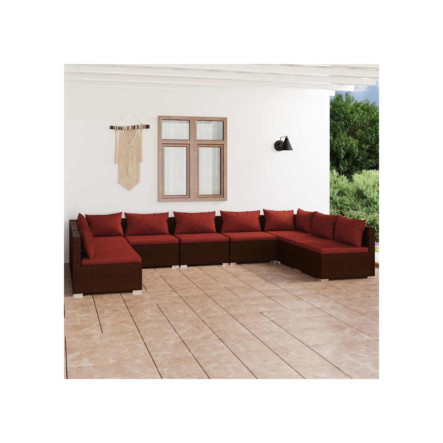 Salon de jardin 9 pcs avec coussins Résine tressée Marron