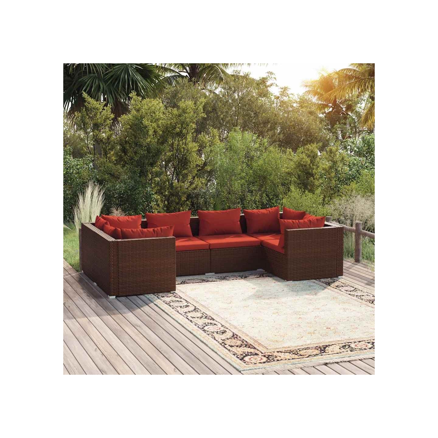 Salon de jardin 6 pcs avec coussins Résine tressée Marron