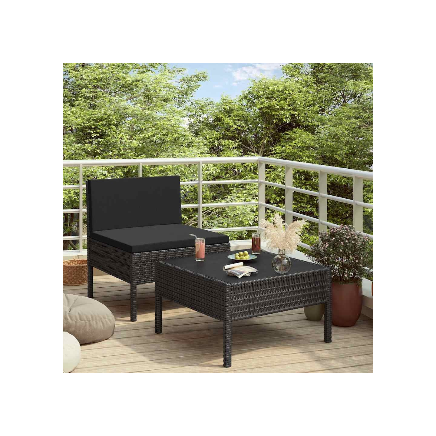 Salon de jardin 2 pcs avec coussins Résine tressée Noir