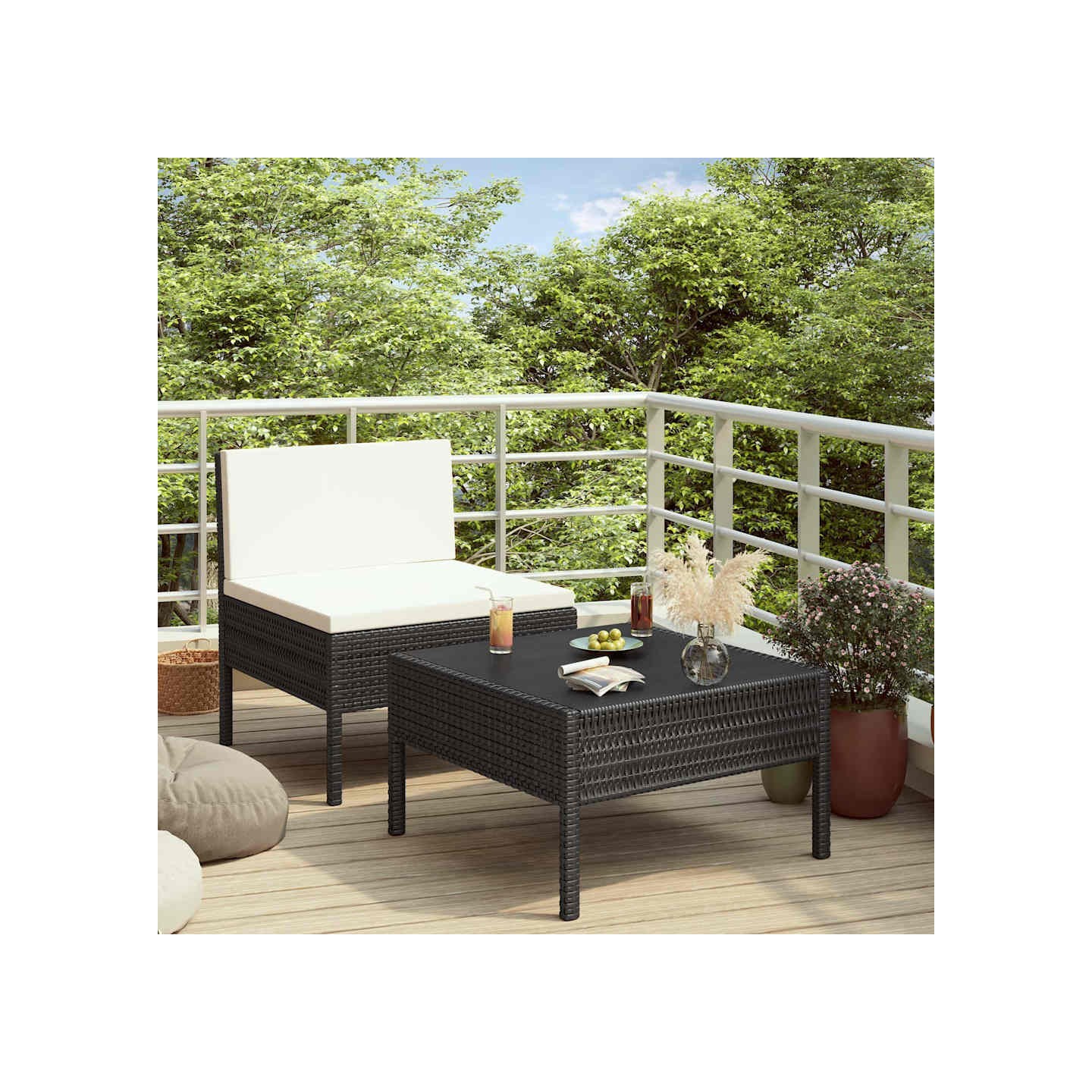 Salon de jardin 2 pcs avec coussins Résine tressée Noir