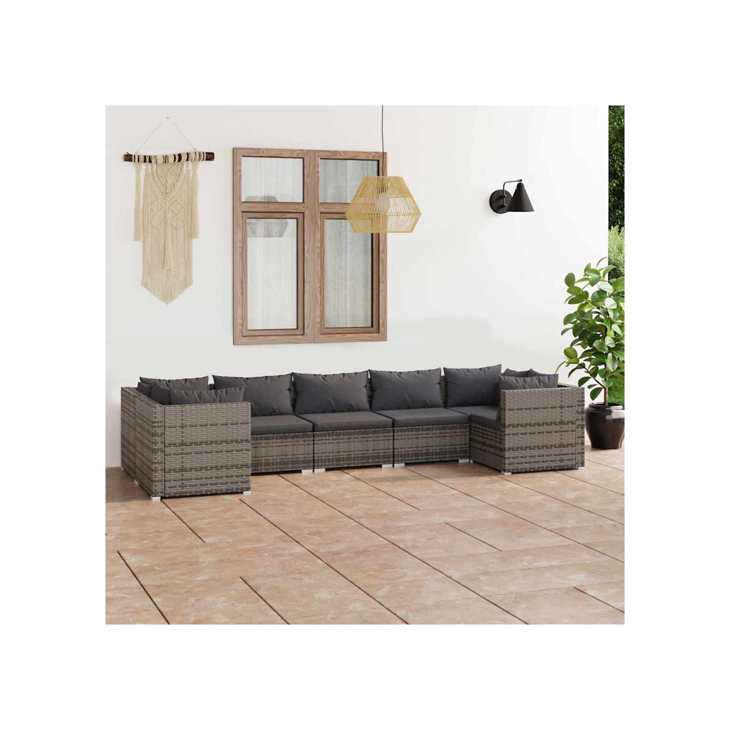 Salon de jardin 7 pcs avec coussins Résine tressée Gris