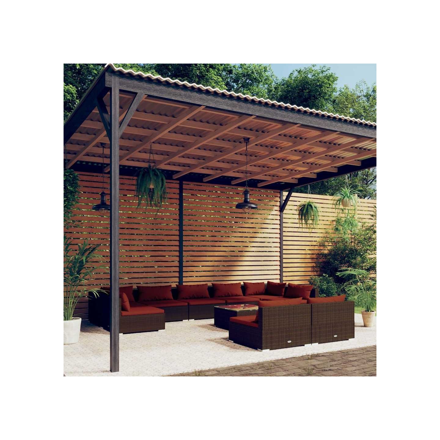 Salon de jardin 10 pcs avec coussins marron résine tressée