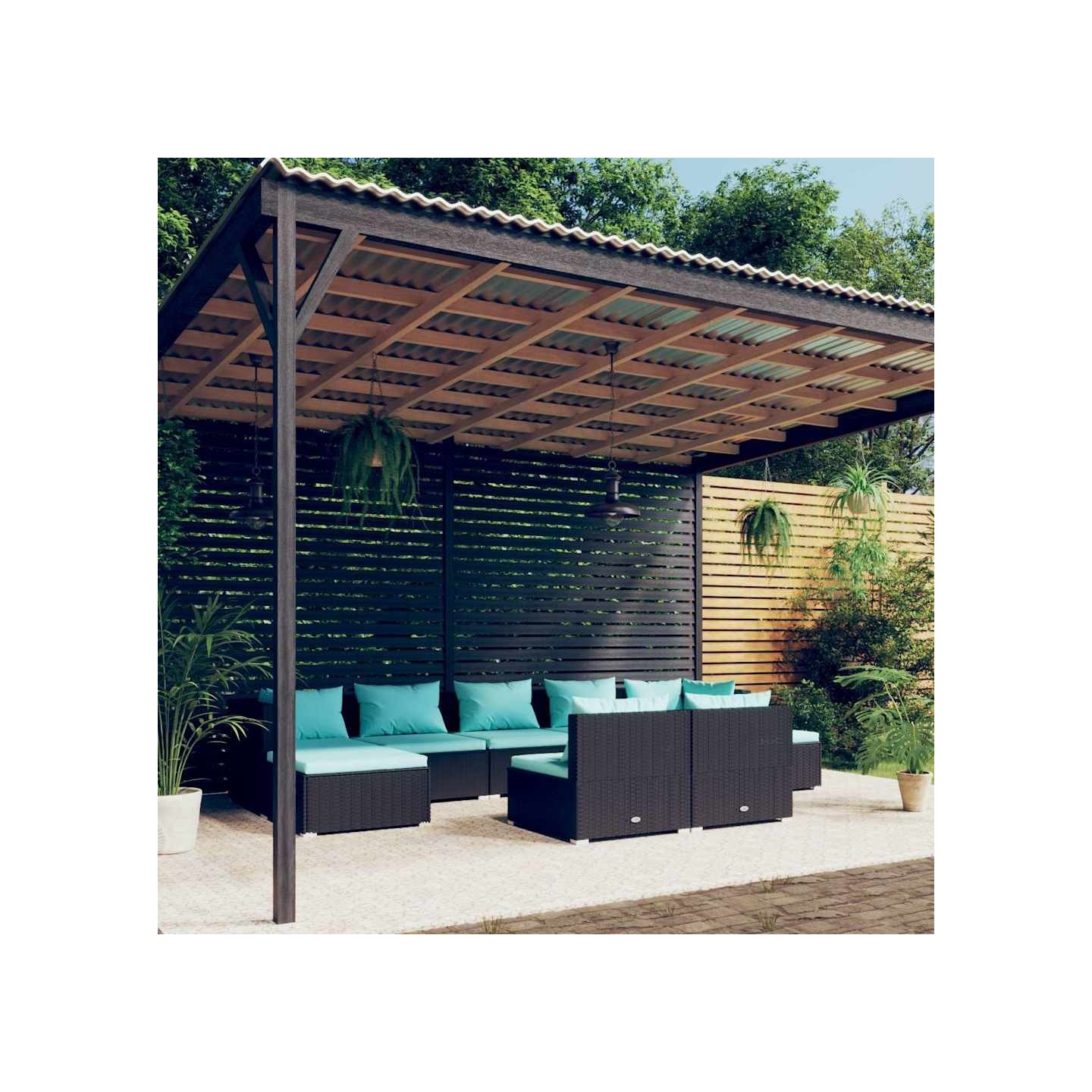 Salon de jardin 9 pcs avec coussins Noir Résine tressée