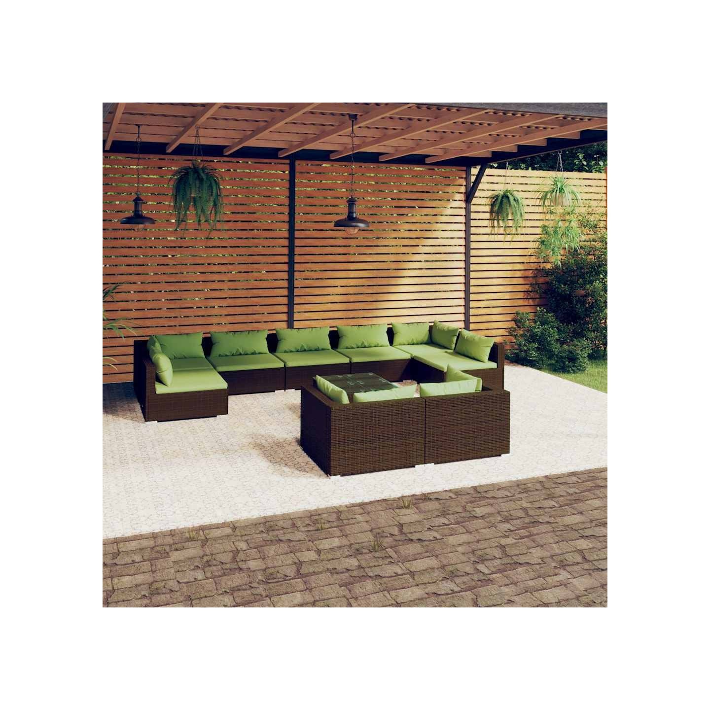 Salon de jardin 10 pcs avec coussins marron résine tressée
