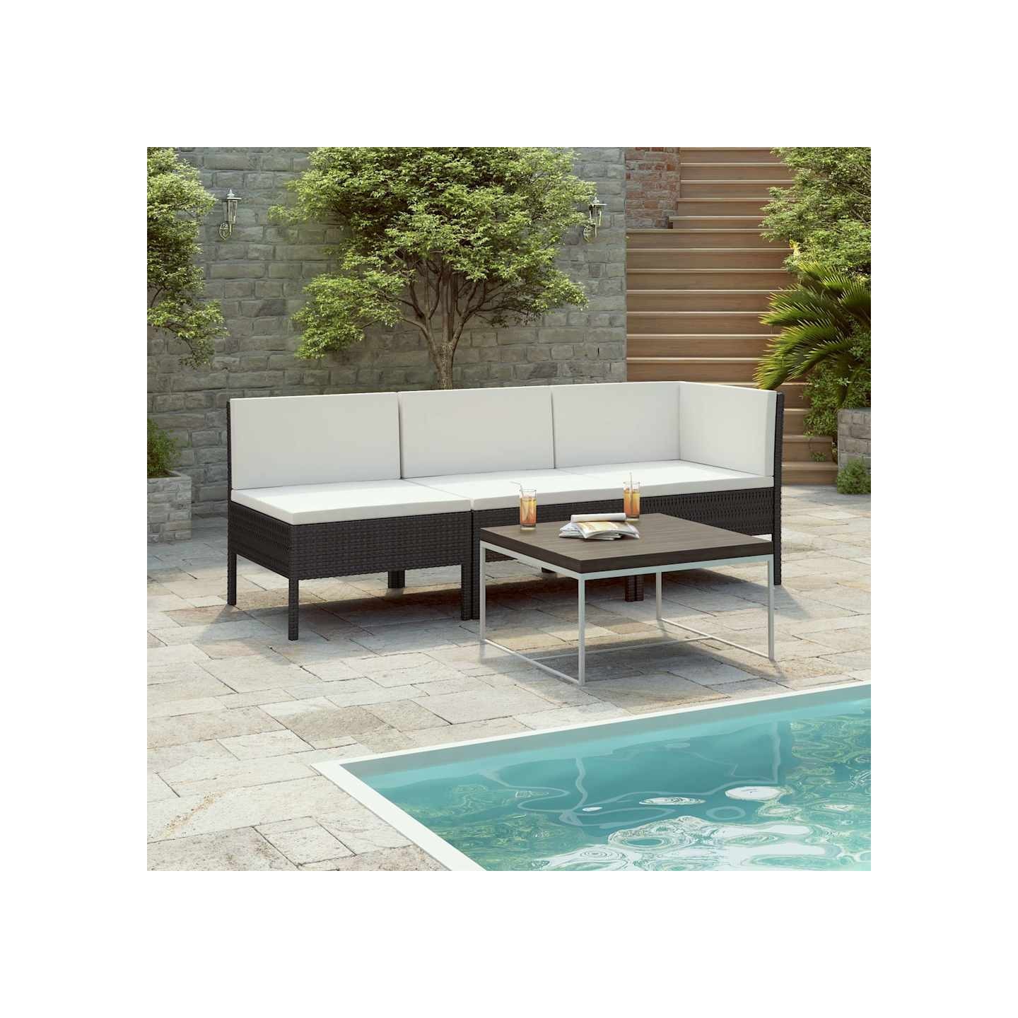 Salon de jardin 3 pcs avec coussins Résine tressée Noir