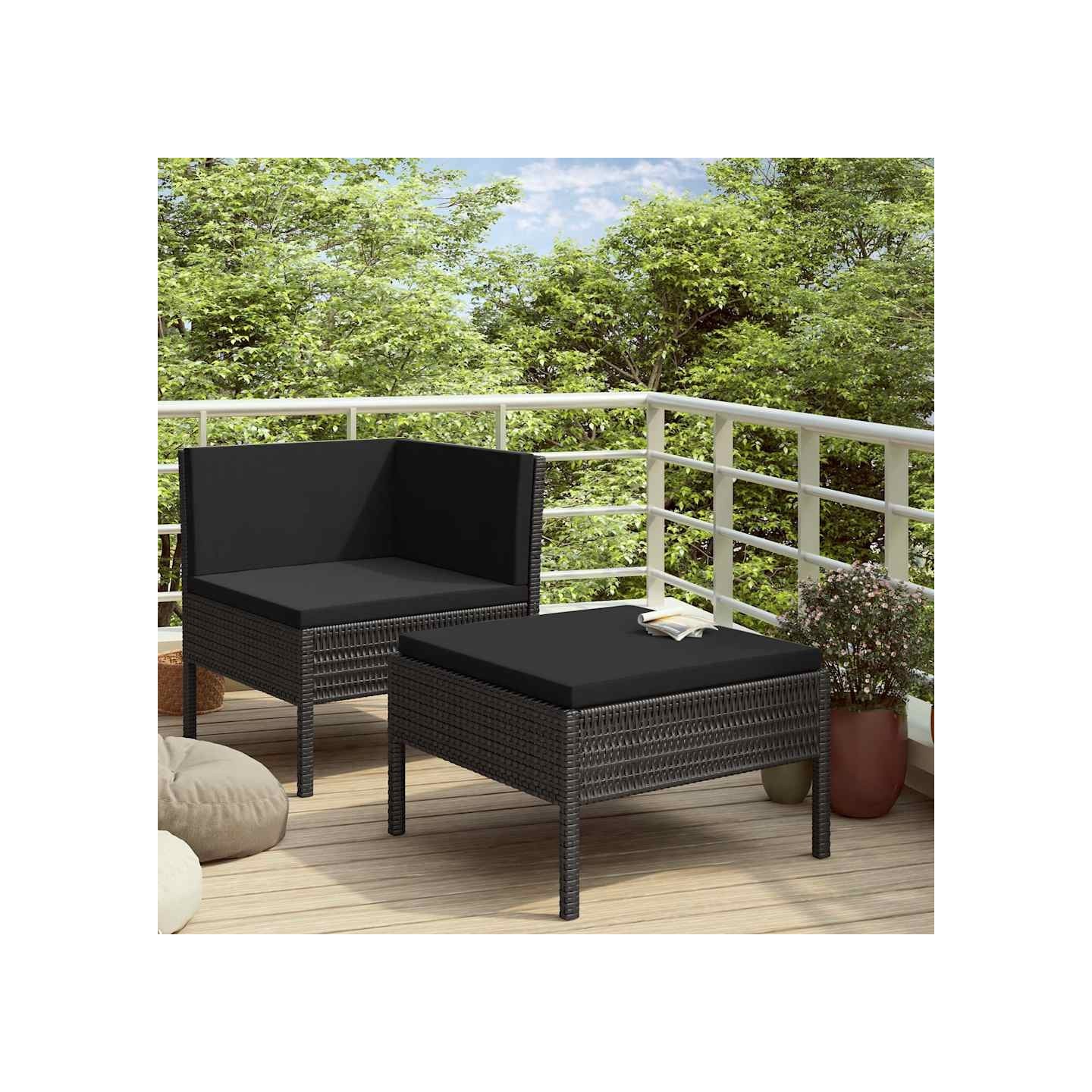 Salon de jardin 2 pcs avec coussins Résine tressée Noir