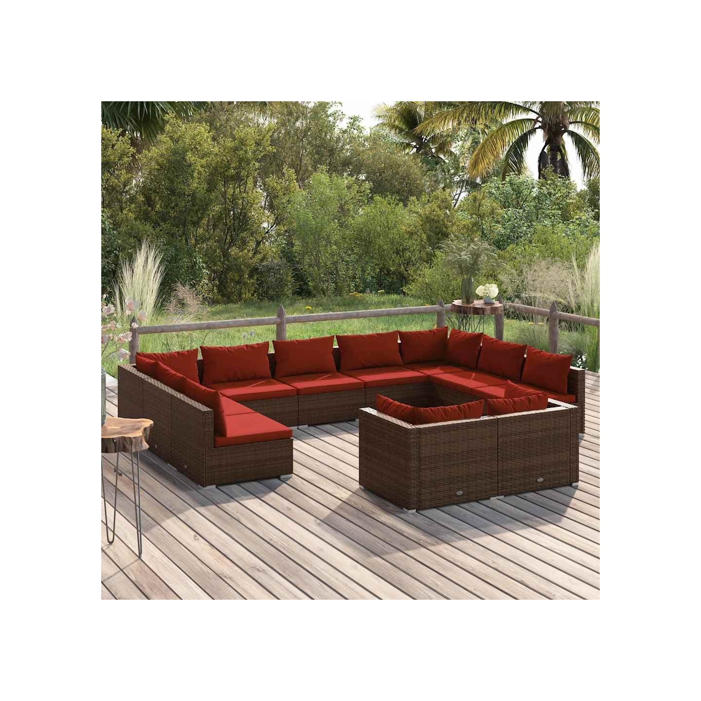 Salon de jardin 11 pcs avec coussins marron résine tressée