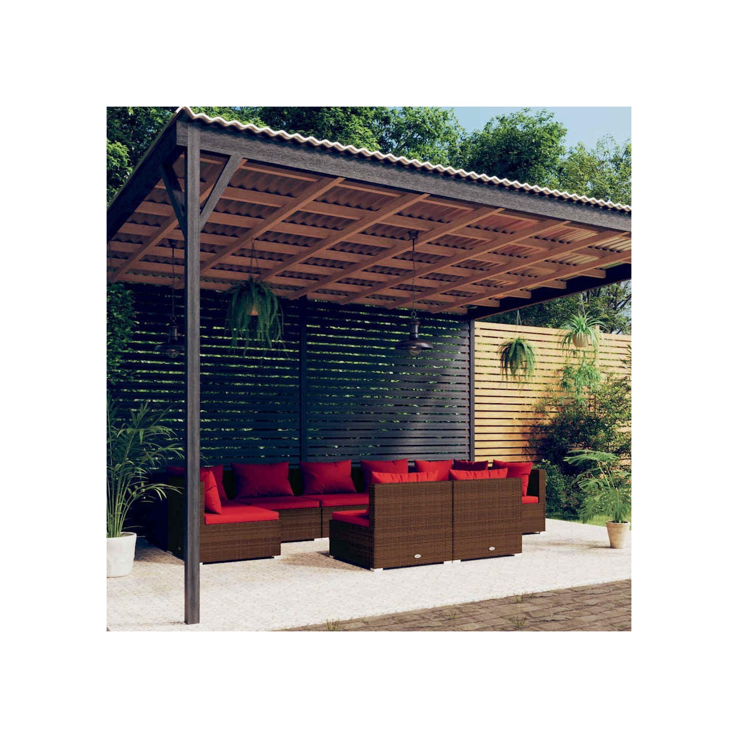 Salon de jardin 9 pcs avec coussins Marron Résine tressée