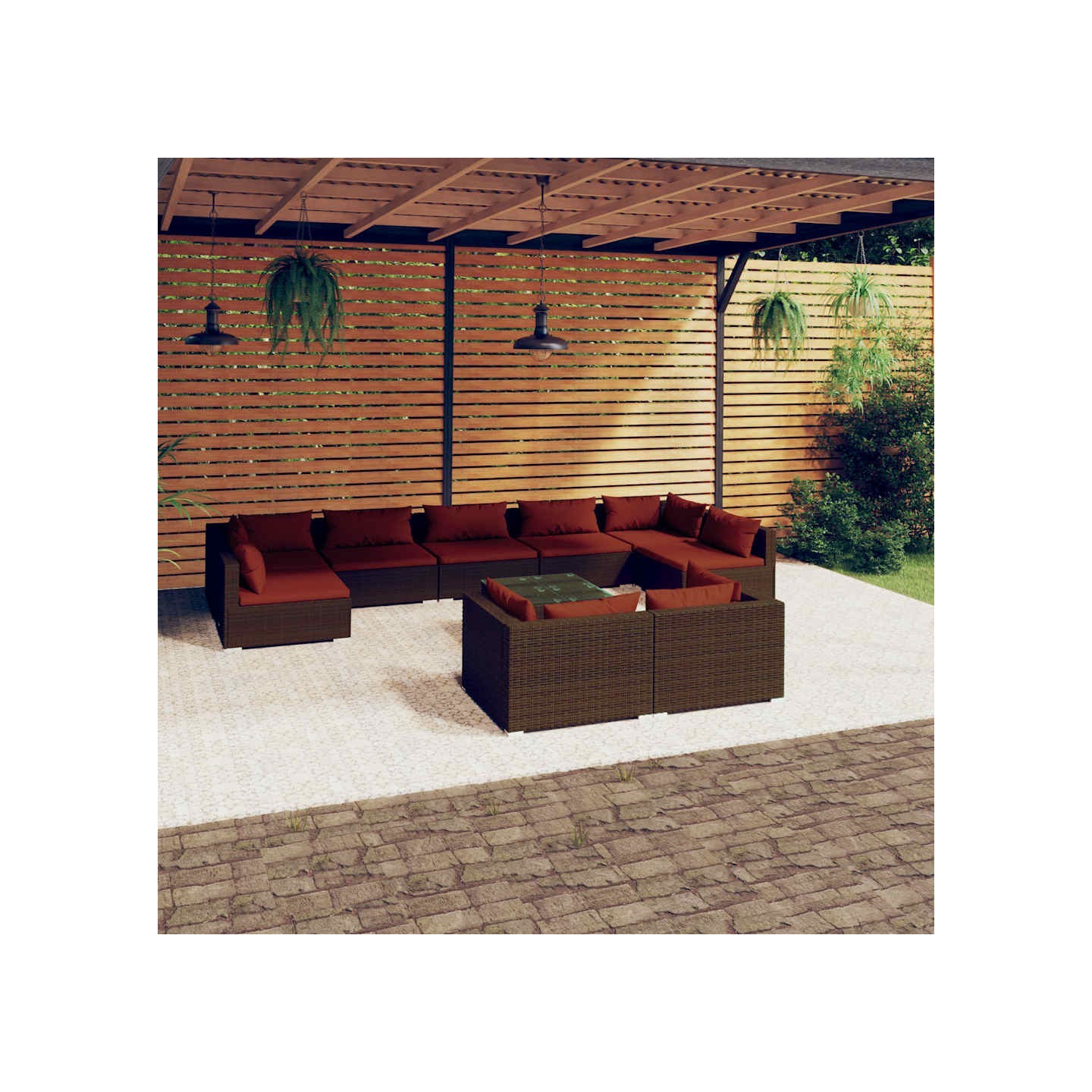 Salon de jardin 10 pcs avec coussins marron résine tressée