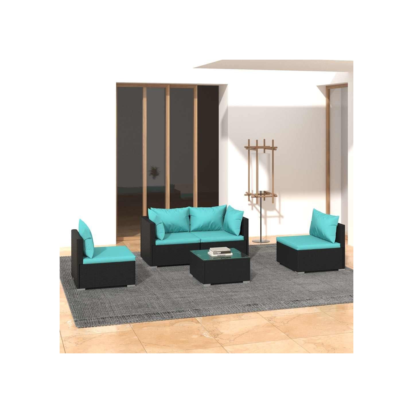 Salon de jardin 5 pcs avec coussins Résine tressée Noir