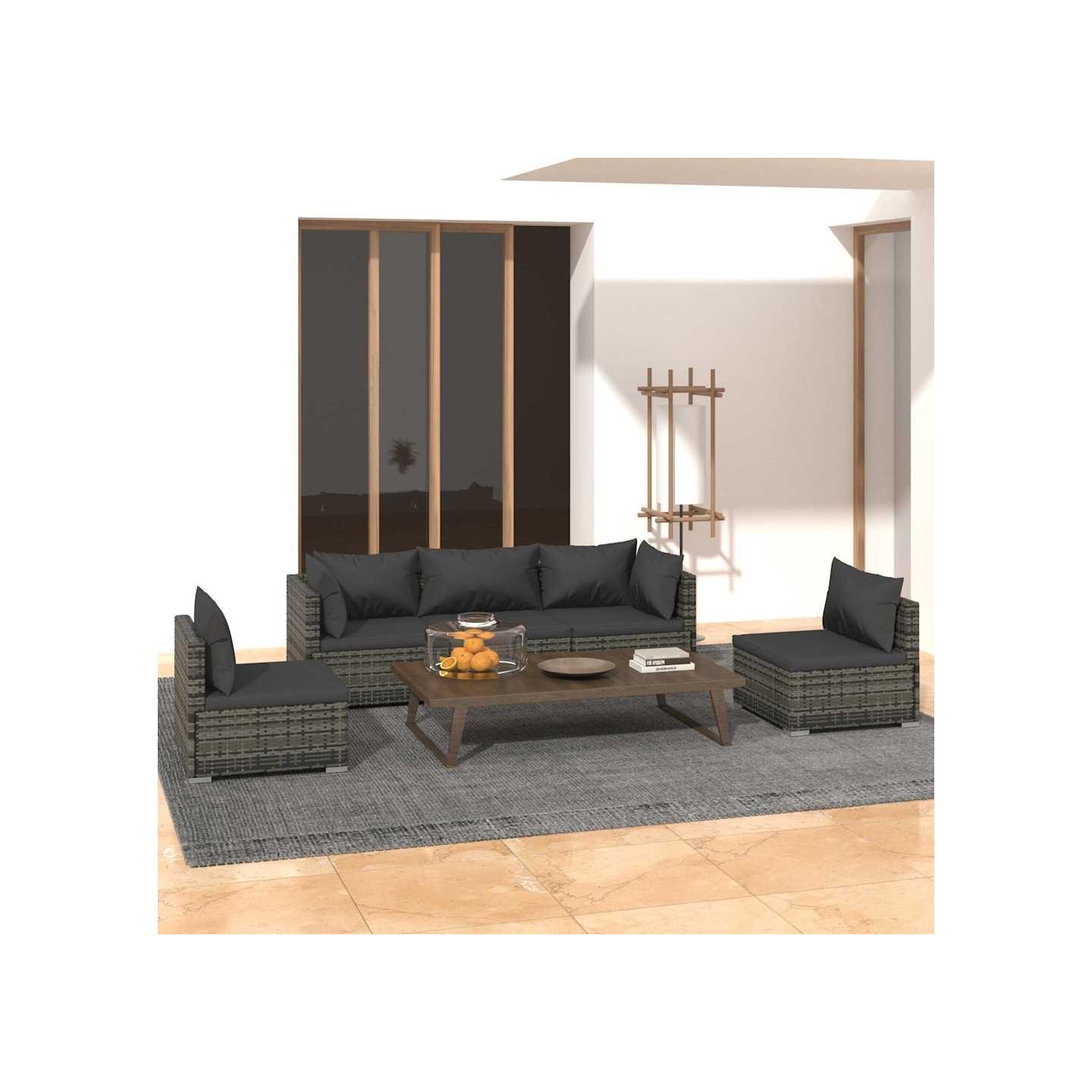 Salon de jardin 5 pcs avec coussins Résine tressée Gris