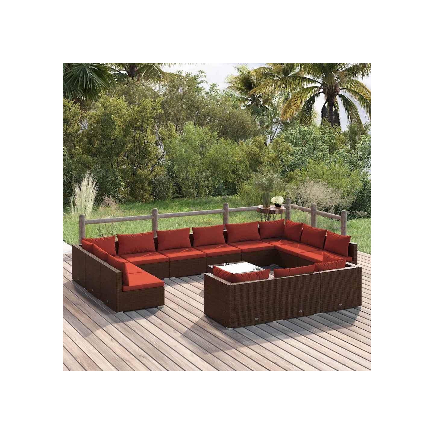 Salon de jardin 14 pcs avec coussins Marron Résine tressée