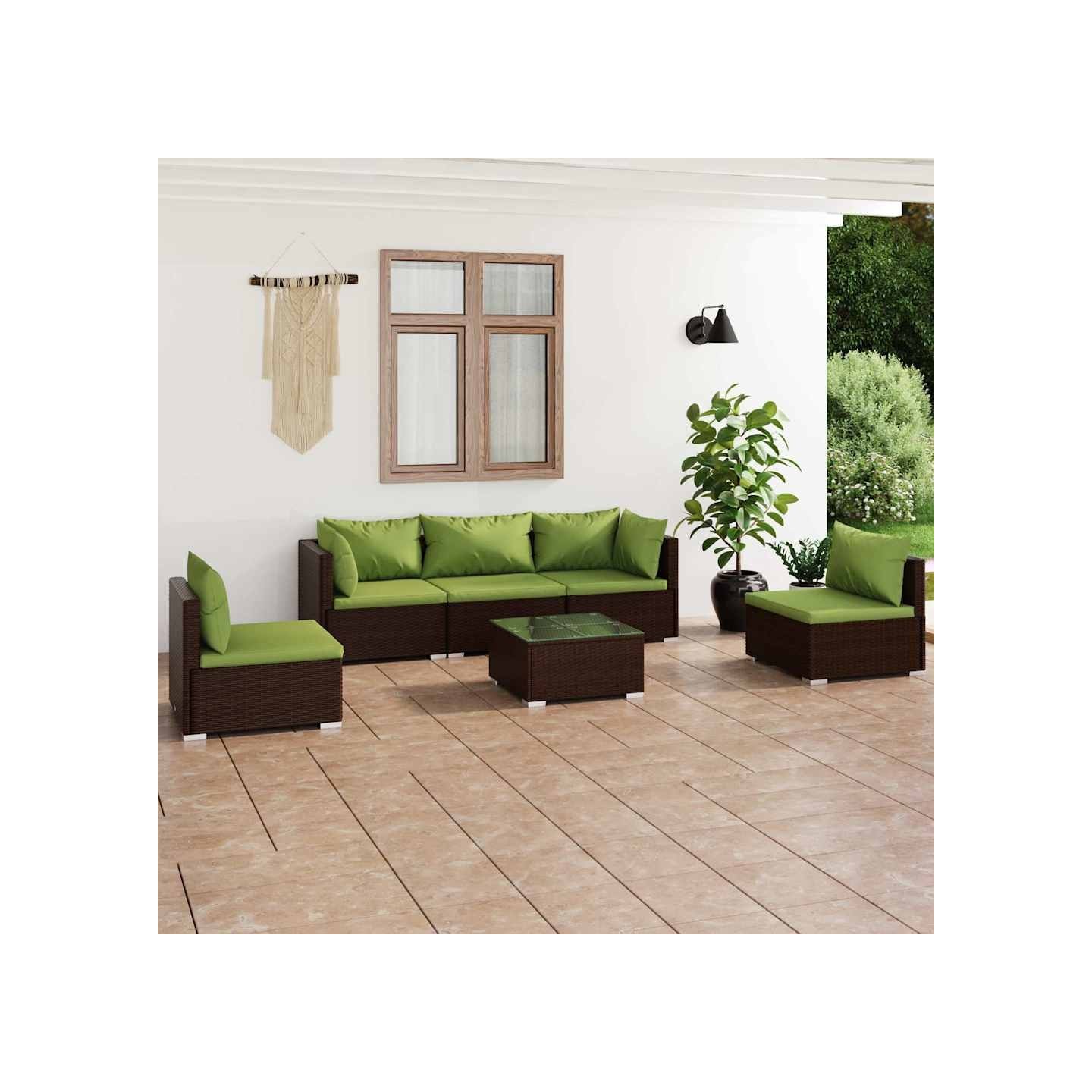 Salon de jardin 6 pcs avec coussins Résine tressée Marron